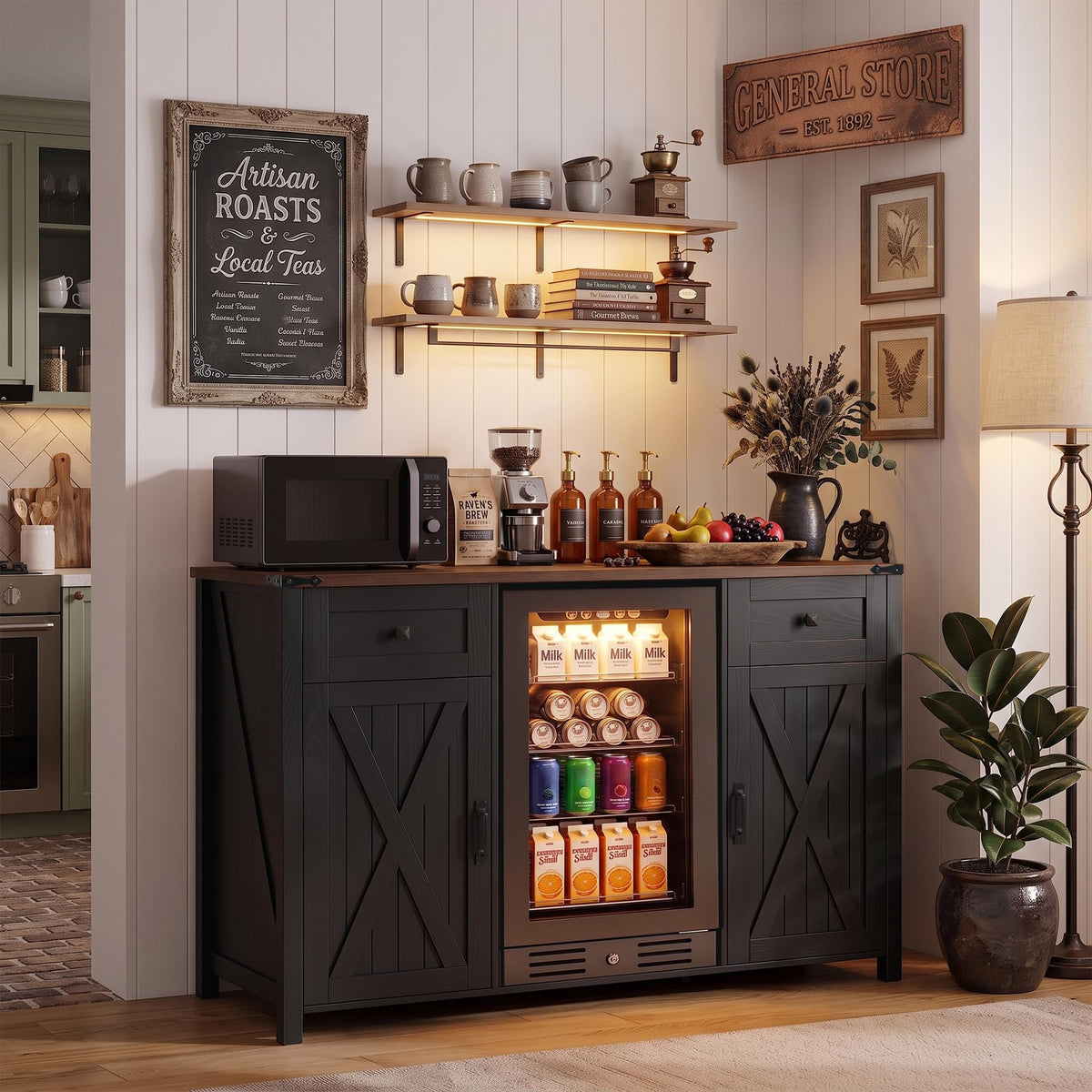 51" Modern Coffee Bar Cabinet with Fridge Space & 2 Drawers