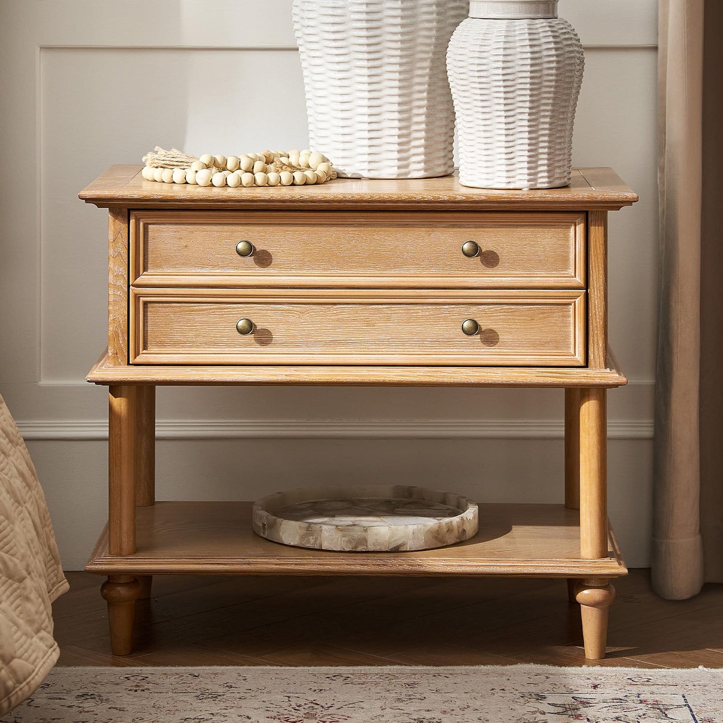 Natural Wood Nightstand with Drawer & Open Shelf