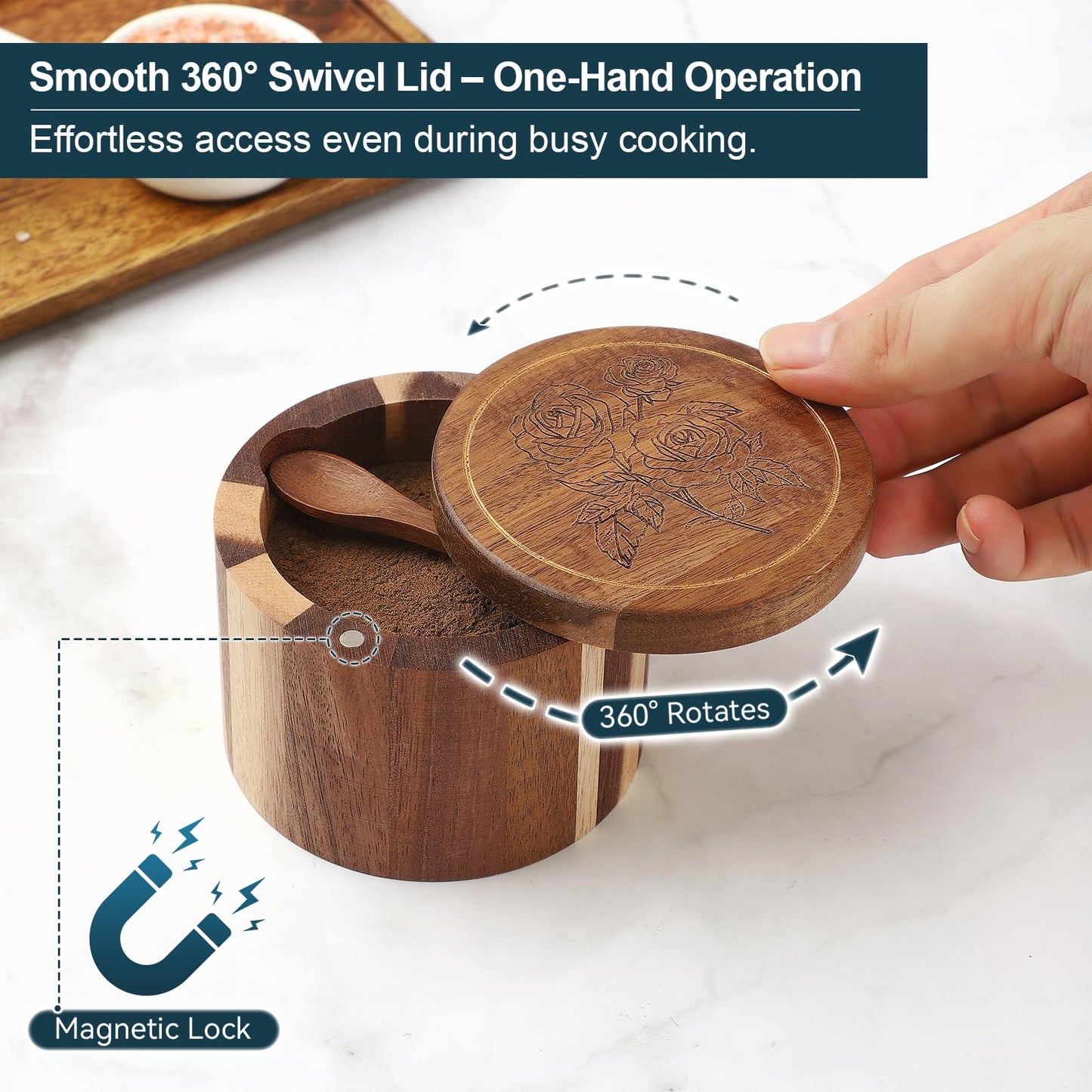 Timtopno Salt Cellar, Acacia Wood Salt Container with Built-in Spoon & Swivel Lid, Engraved SALT Box, Salt Holder Bowl for Countertop Seasoning Storage