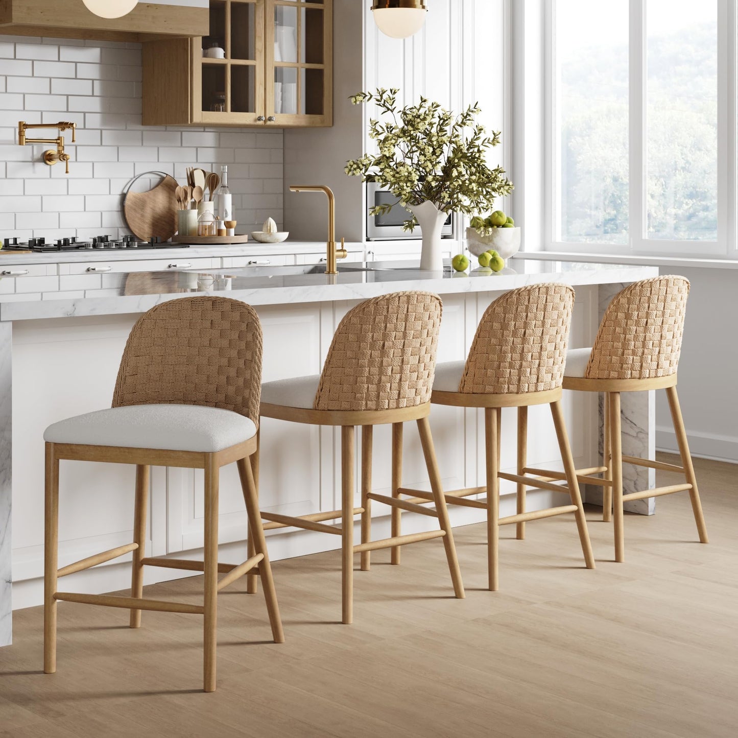 Nathan James Rikki Seagrass Bar Stool with Back, 2-Pack Boucle Counter Stool with Upholstered Seat, Solid Wood Frame, and Woven Seagrass Backrest
