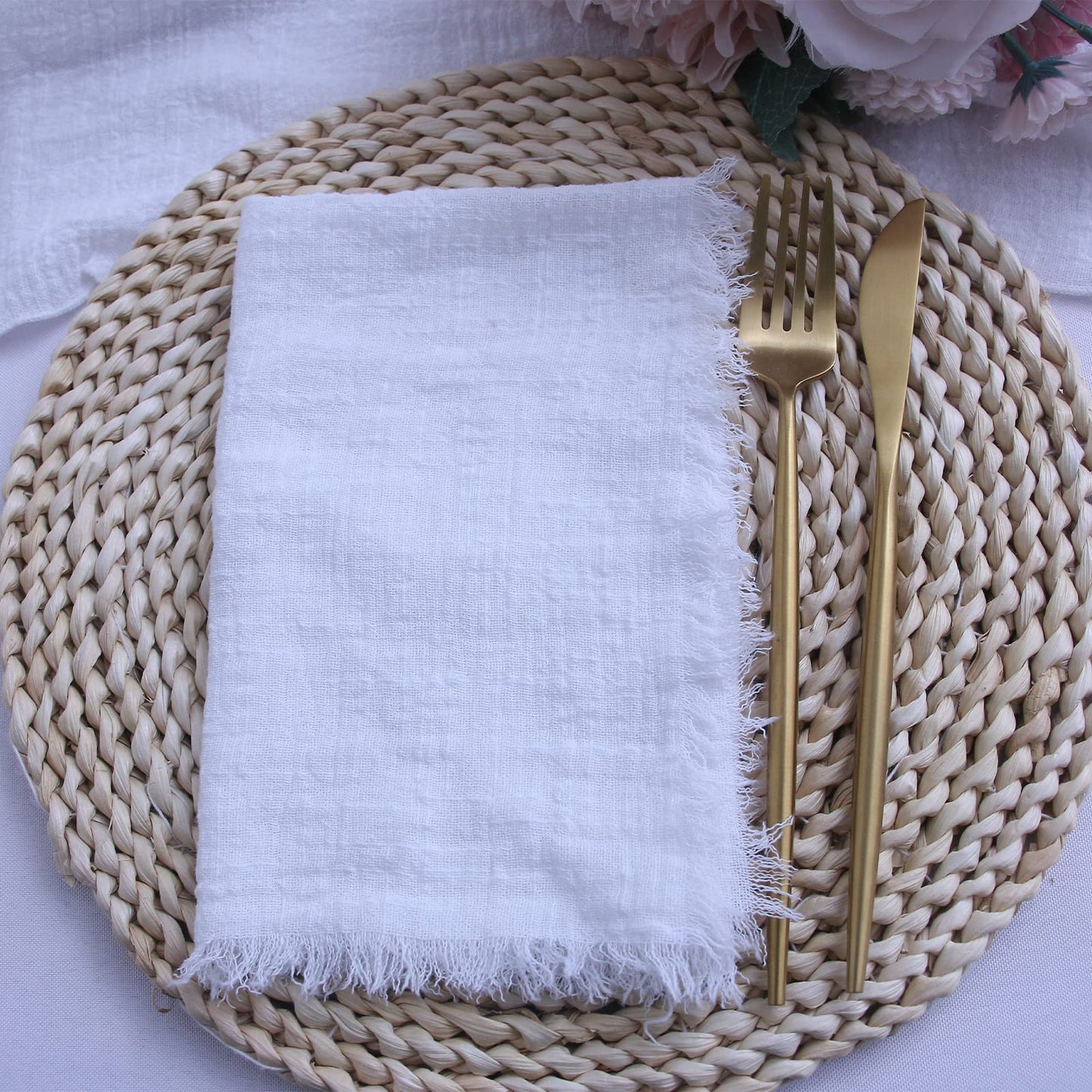 Cloth Napkins with Fringe Set of 12,100% Soft Cotton, Gauze Washable Easter Napkins for Wedding Decorative Dinner Parties, Valentine's Day (16''*16'') Light Blue