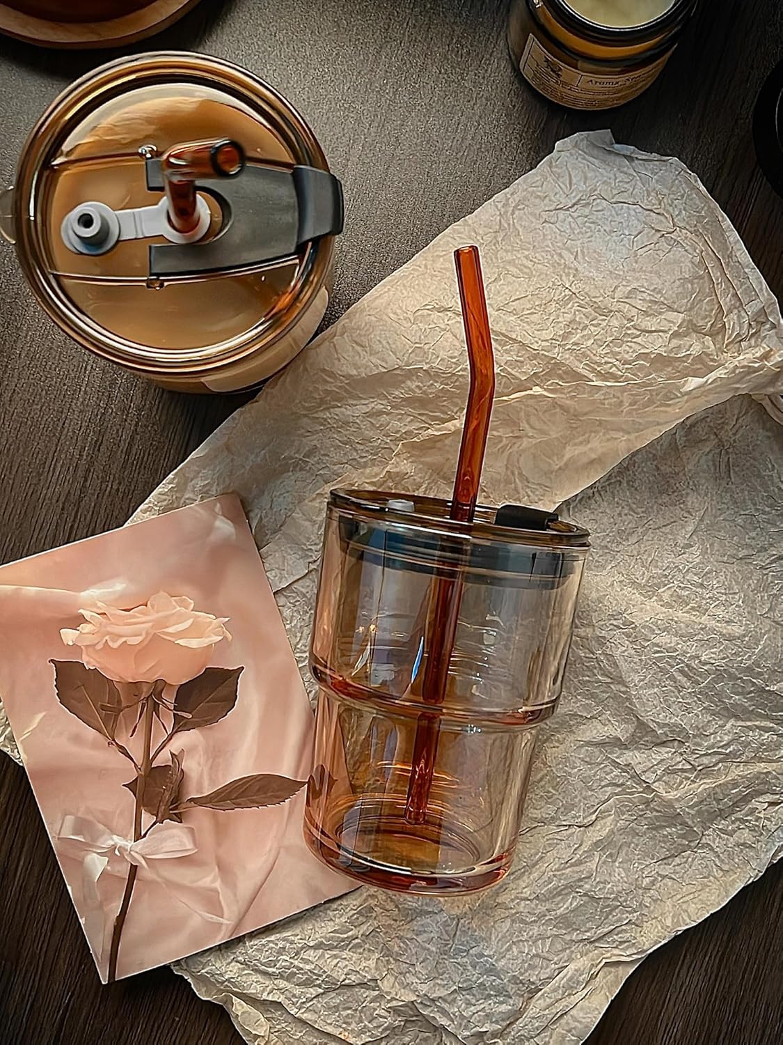 13oz Glass Tumbler with Straw and Lid, Reusable Iced Coffee Cup Tumbler, Cute Glass Cups for Water, Matcha, Travel Coffee Mugs (Amber - 13oz)