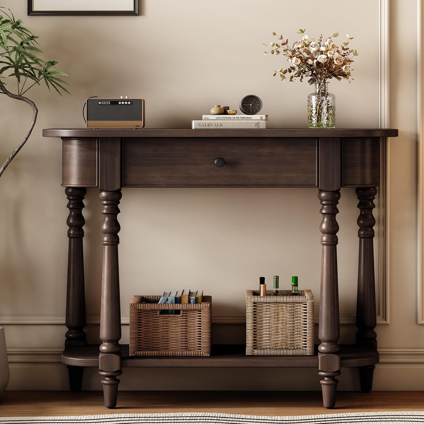 36-Inch Retro Console Sofa Table with Drawer & Storage Shelf