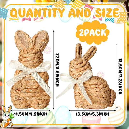 Kathfly Set of 2 Easter Woven Bunny Decor 7 Inch 8 Inch Natural Rattan Easter Bunny Figurine Spring Woven Rabbit Figurine Statues Table Centerpieces Decorations for Home Farmhouse Decor