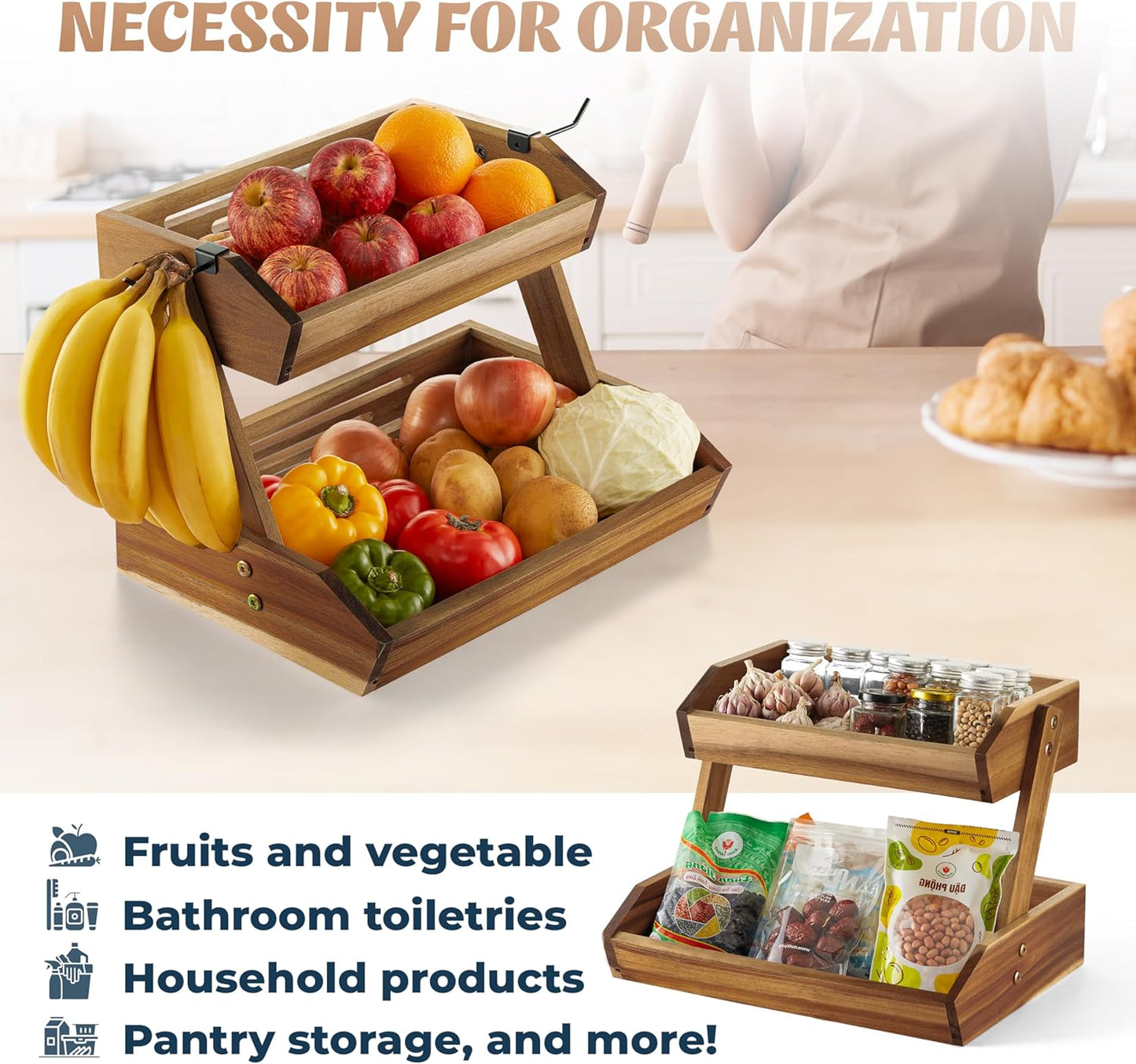 Supper Large Size Fruit Basket, Fruit Bowl, 2 Tier Fruit Basket with Banana Holder, Fruit Stand Storage Holder, Multipurpose/Large Capacity for Fruit, Vegetables, Bread Storage & Home Kitchen