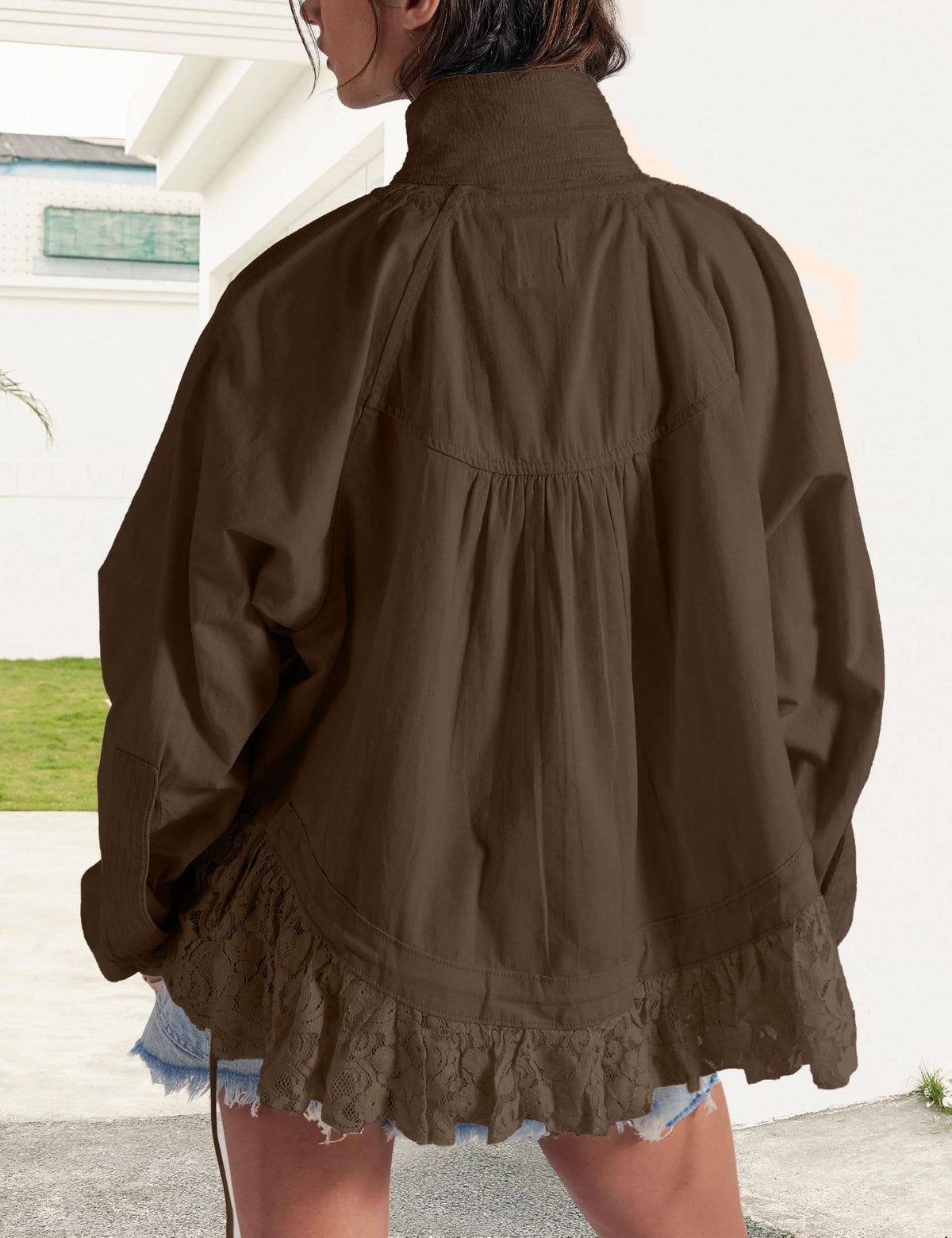 Womens Lace Trim Utility Jacket Lightweight Funnel Neck Casual Coat