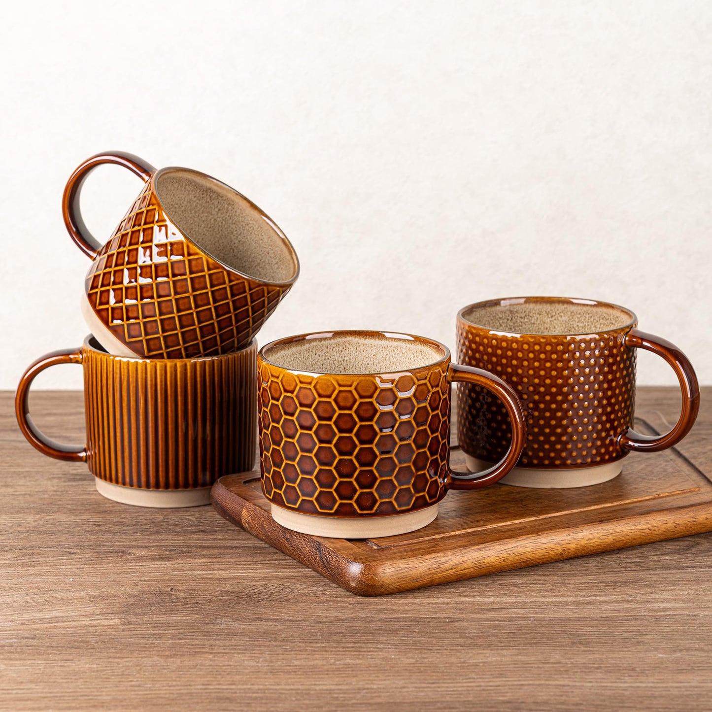GBhome 12OZ Stackable Coffee Mugs, Ceramic Coffee Mugs with Texture Patterns for Man,Woman,Dad,Mom, Modern Coffee Mugs Set of 4 for Latte/Cappuccino/Cocoa. Dishwasher&Microwave Safe, Pale Khaki