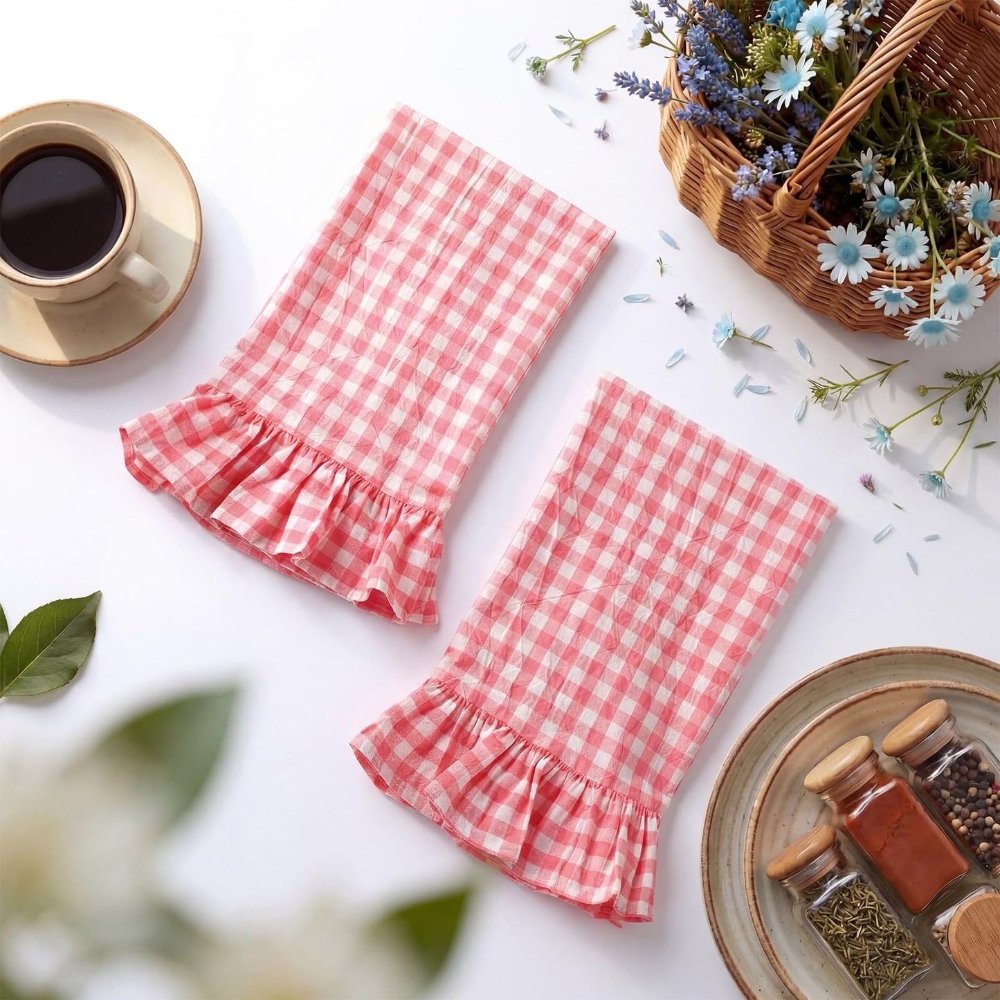 HunnmingRe Taupe Kitchen Towels Set of 2, 100% Cotton Ruffled Gingham Dish Towels 18"x28" Tea Cloths Classic Plaid Pattern for Farmhouse Charm, Drying Dishes, Entertaining Guests