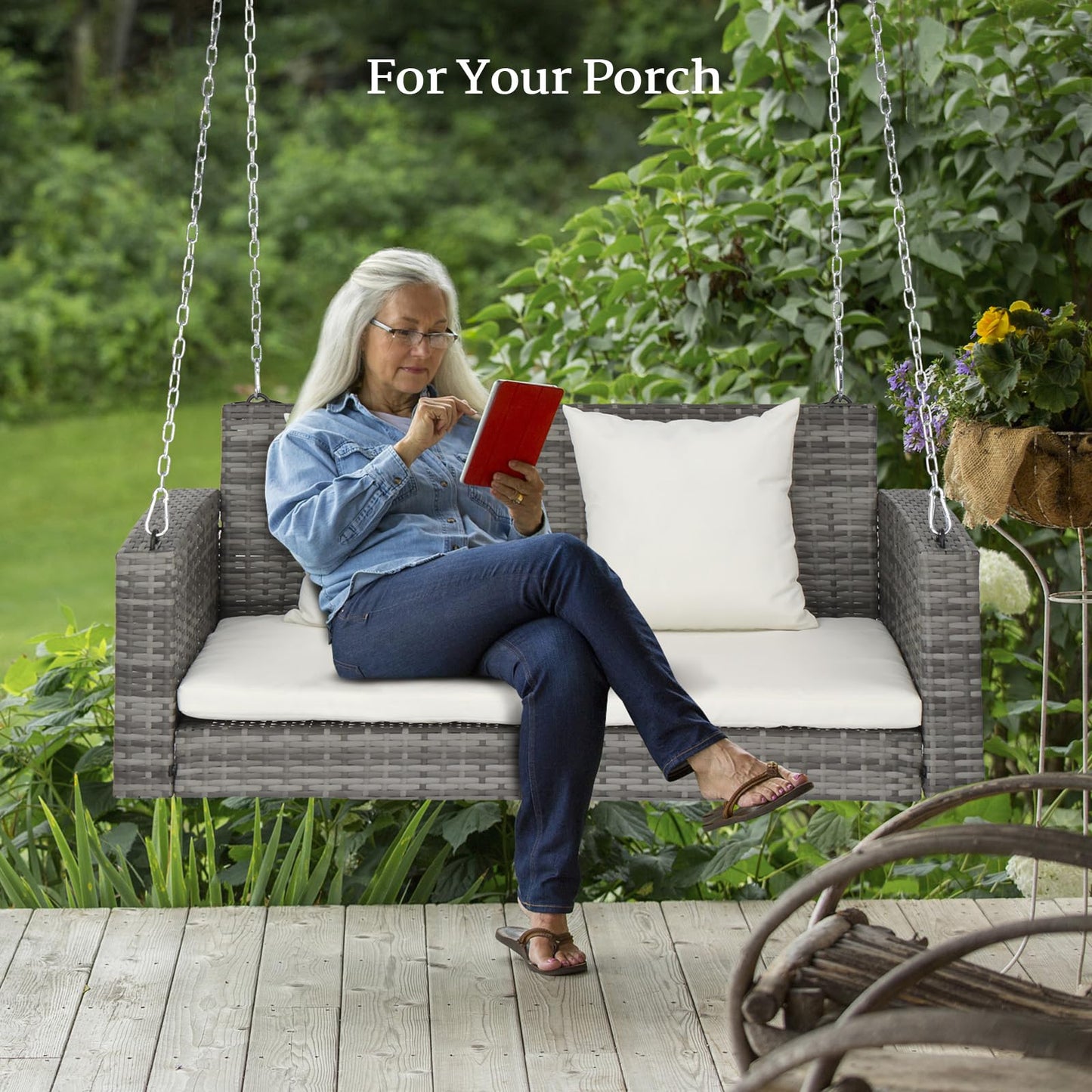 VINGLI 2.4 FT 1-Person Use Round Rattan Porch Swing Outdoor Support 440 LBS with Cushions & Adjustable Chains, Patio Wicker Swing Bench Chair for Garden, Yard, Lawn, Tree, Brown