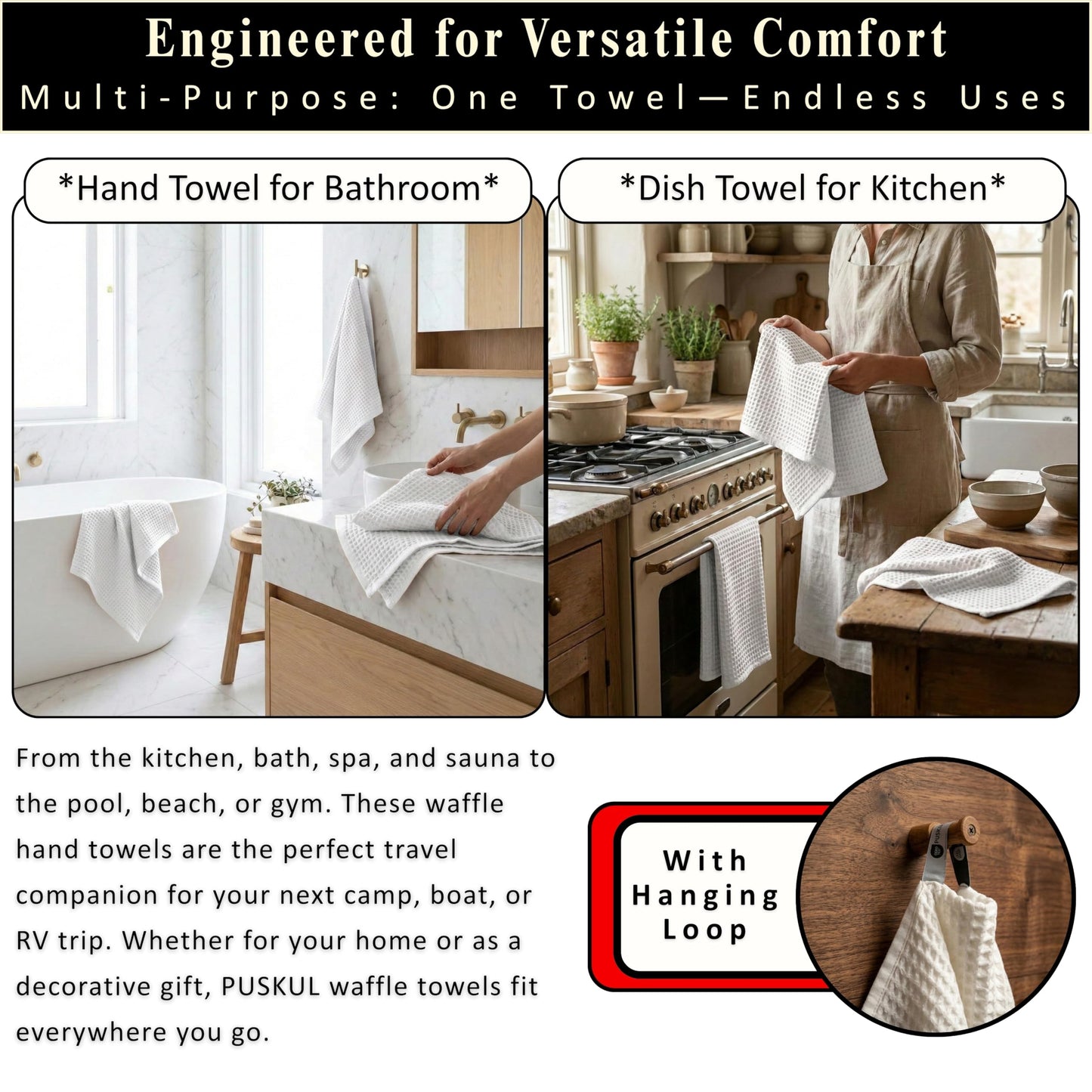 PÜSKÜL Organic Waffle Kitchen Towel Pure 100% Turkish Cotton Set of 3 Natural Raw-Undyed Towel - Premium Quality Soft Quick-Dry Absorbent Lint-Free Hand & Dish Towels Large 32X16 (3, Natural Beige)