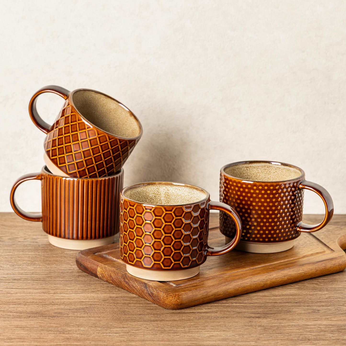 GBhome 12OZ Stackable Coffee Mugs, Ceramic Coffee Mugs with Texture Patterns for Man,Woman,Dad,Mom, Modern Coffee Mugs Set of 4 for Latte/Cappuccino/Cocoa. Dishwasher&Microwave Safe, Pale Khaki