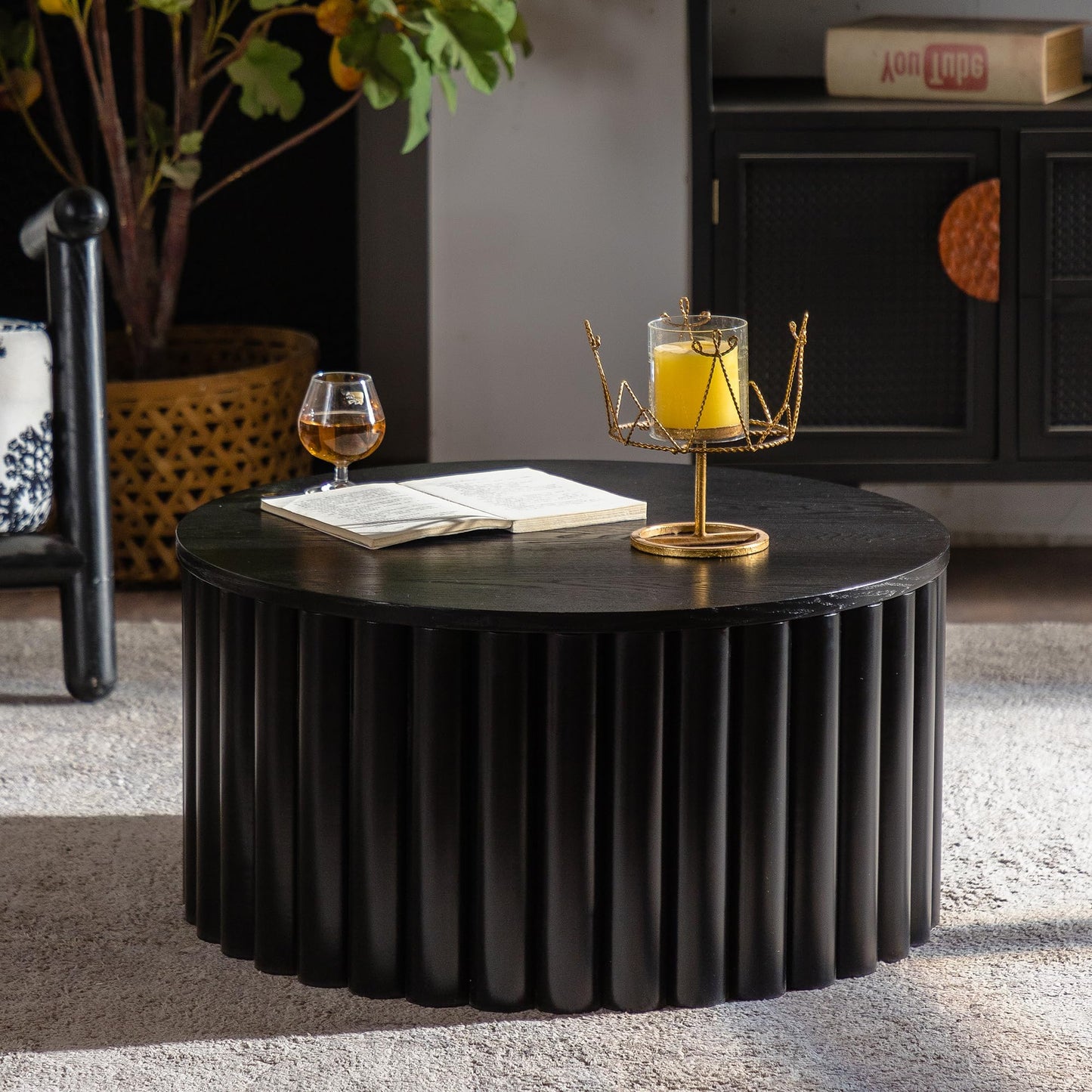 WILLIAMSPACE 43.31" Rectangle Coffee Table with Burl Wood Veneer & Sturdy Base, Modern Luxury Wood Drum Center Table End Table Accent Side Table for Living Room, Minimalist Fluted Design, Oak