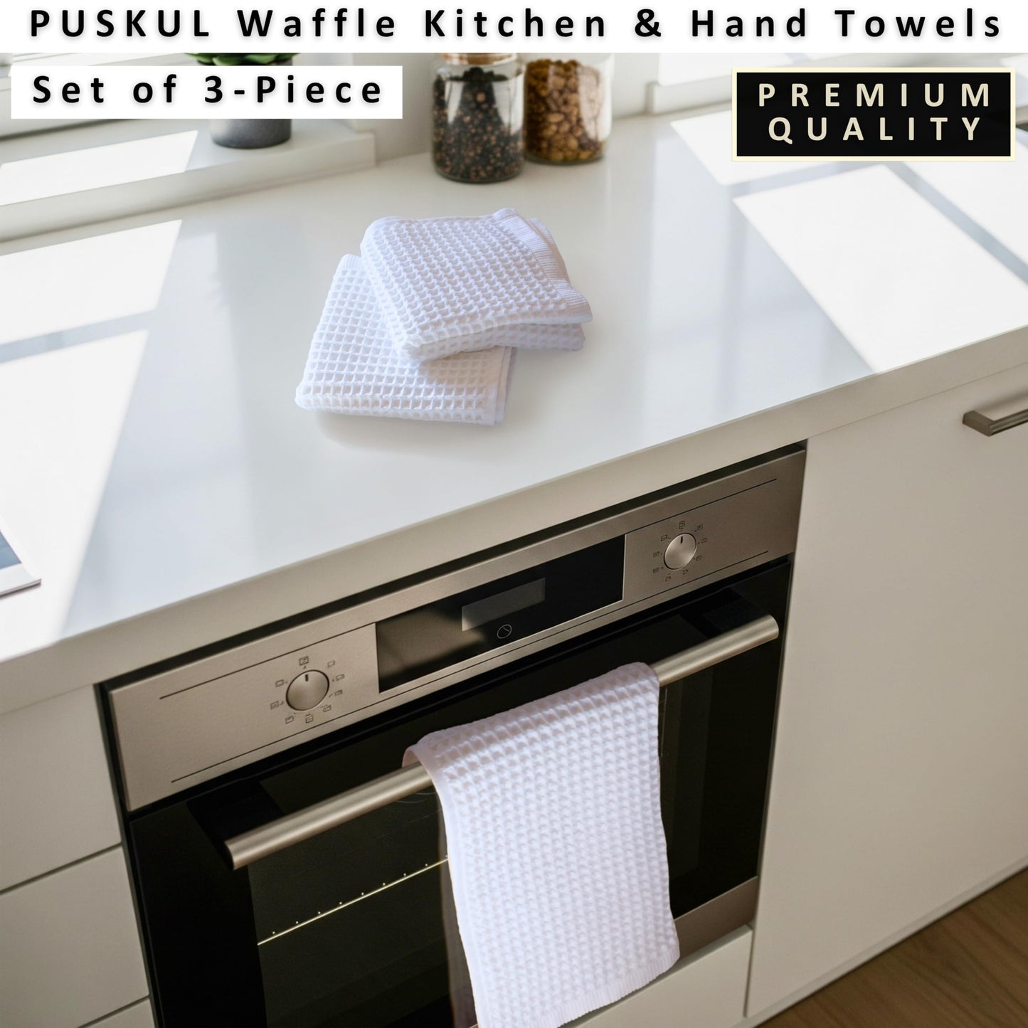 PÜSKÜL Organic Waffle Kitchen Towel Pure 100% Turkish Cotton Set of 3 Natural Raw-Undyed Towel - Premium Quality Soft Quick-Dry Absorbent Lint-Free Hand & Dish Towels Large 32X16 (3, Natural Beige)