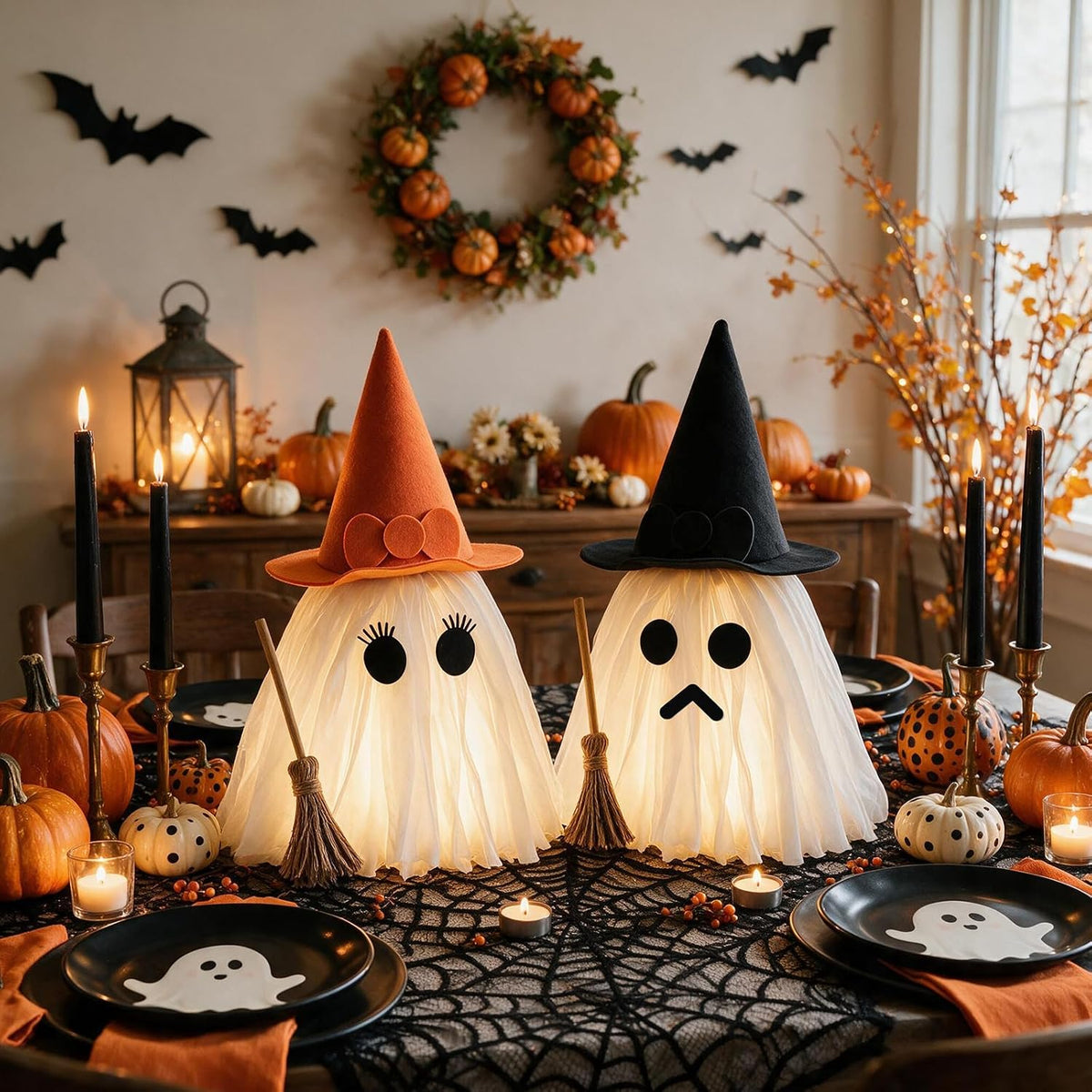 Halloween Decorations – Set of 2 Light-Up Ghosts with Witch Hats