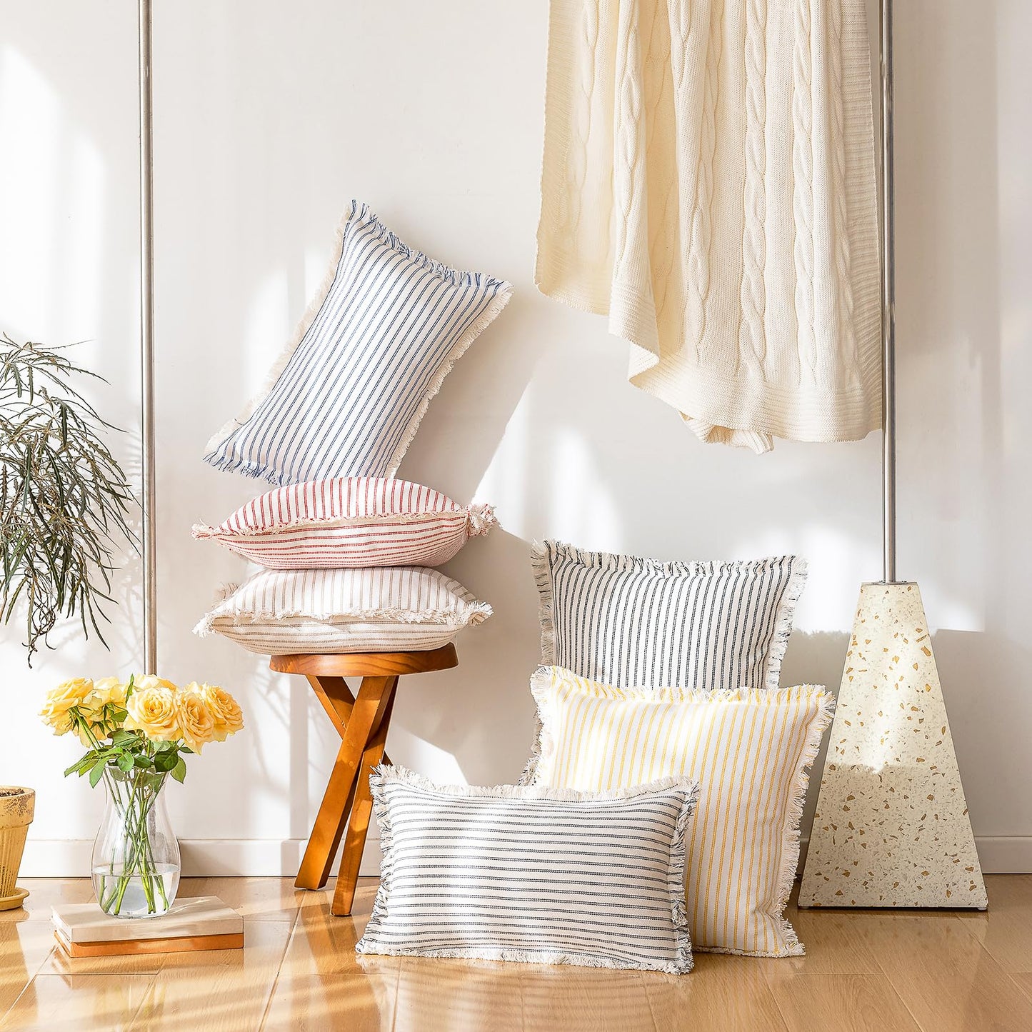 Throw Pillow Covers 18x18 Set of 2 Striped Fringe