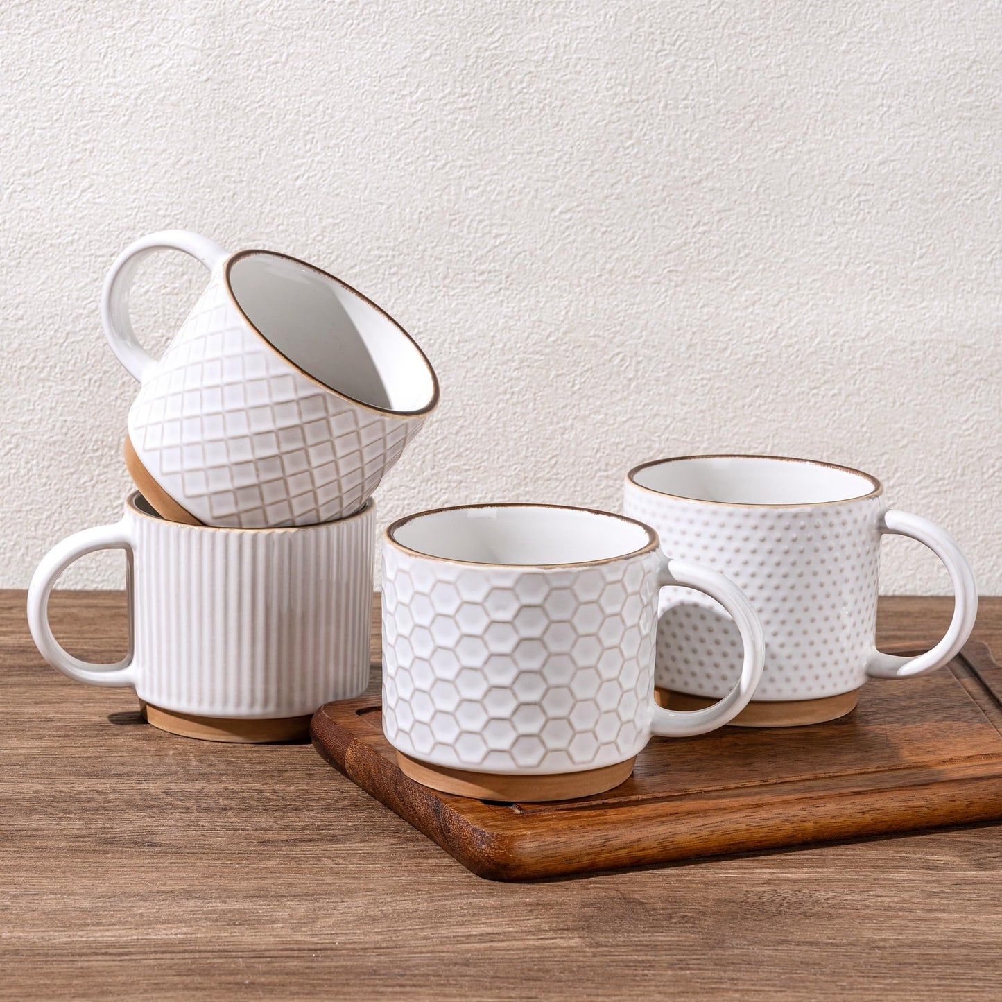 GBhome 12OZ Stackable Coffee Mugs, Ceramic Coffee Mugs with Texture Patterns for Man,Woman,Dad,Mom, Modern Coffee Mugs Set of 4 for Latte/Cappuccino/Cocoa. Dishwasher&Microwave Safe, Pale Khaki