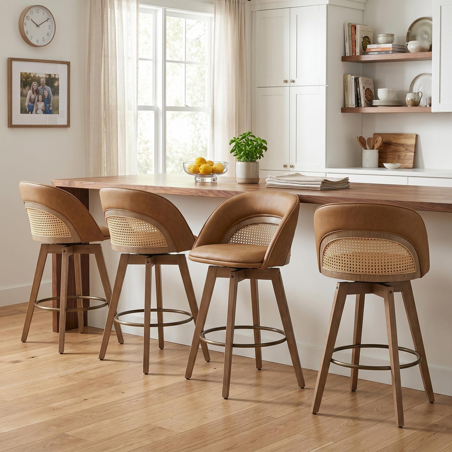 EALSON Bar Stools Set of 4, 26" Swivel Barstools with Rattan Backrest, Modern Faux Leather Upholstered Counter Height Bar Stools with Wood Legs & Bronze Footrest for Kitchen Island/Living Room, Brown