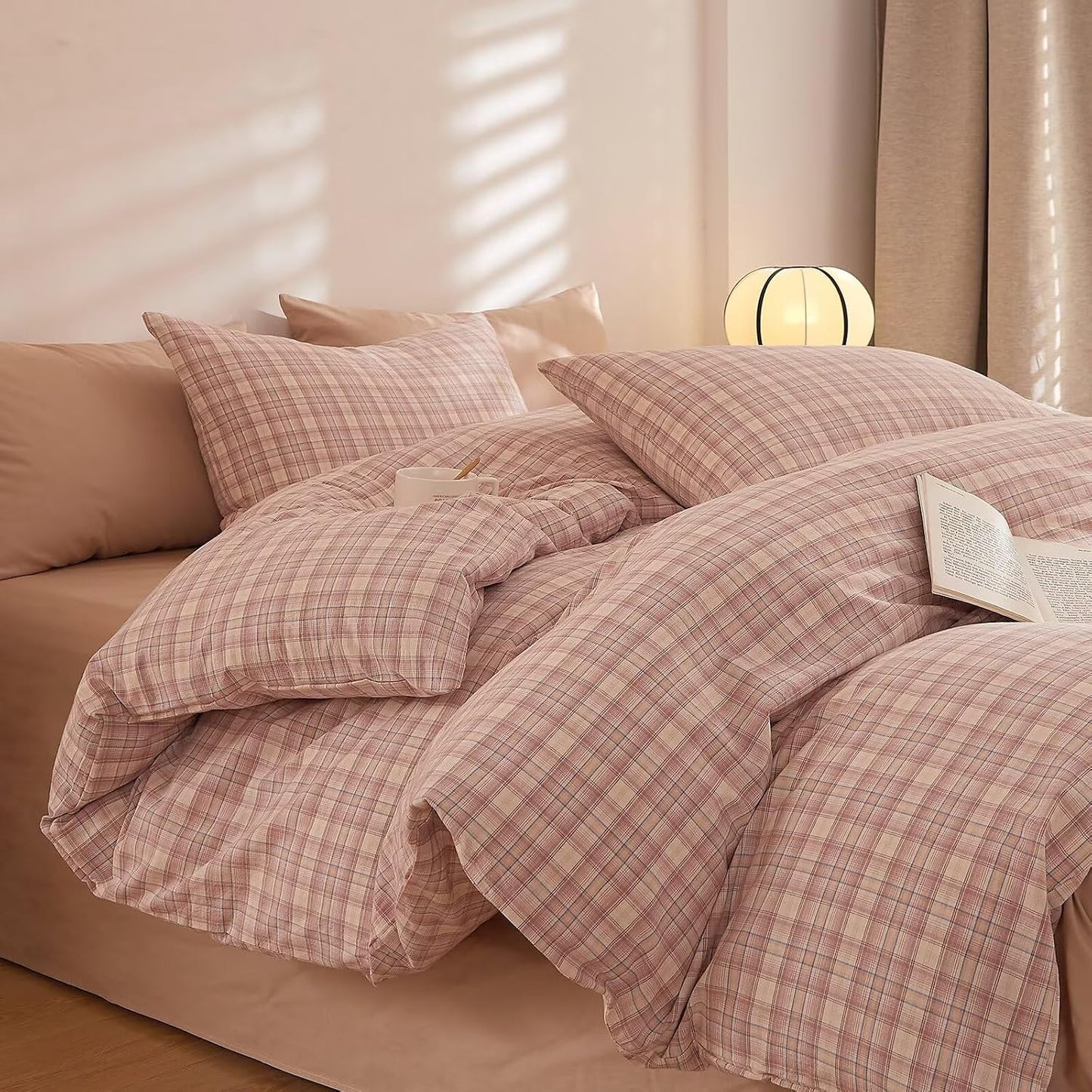 Duvet Cover Set - Brown Plaid Gingham Comforter Cover with Zipper Closure