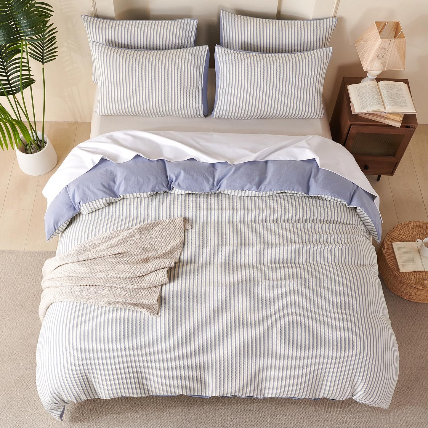 Striped Duvet Cover Queen Beige Washed Microfiber Jacquard 3 Pieces Bedding Set, White Beige Vertical Ticking Stripes Pattern Comforter Cover with Zipper Closure Breathable Durable Soft Comfy