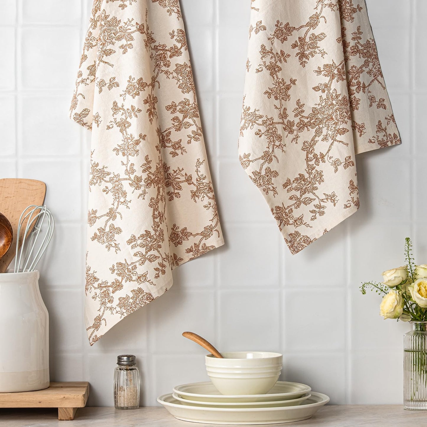 100% Cotton French Pastoral Kitchen Towels Set of 2, Decorative Flour Sack Tea Towels with Hanging Loop 18x25 Inch Absorbent Dish Cloths Farmhouse Home Decor, Brown