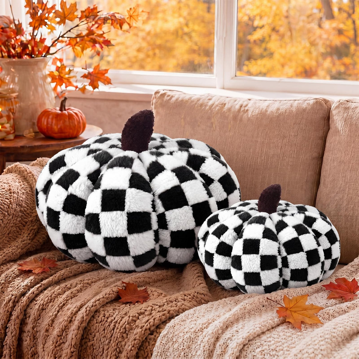 2 Pcs Pumpkin Pillows Brown White Checkerboard