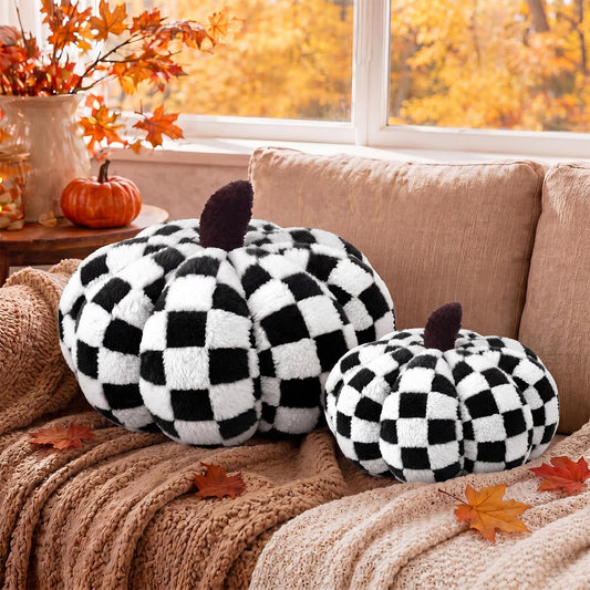 2 Pcs Pumpkin Pillows Brown White Checkerboard