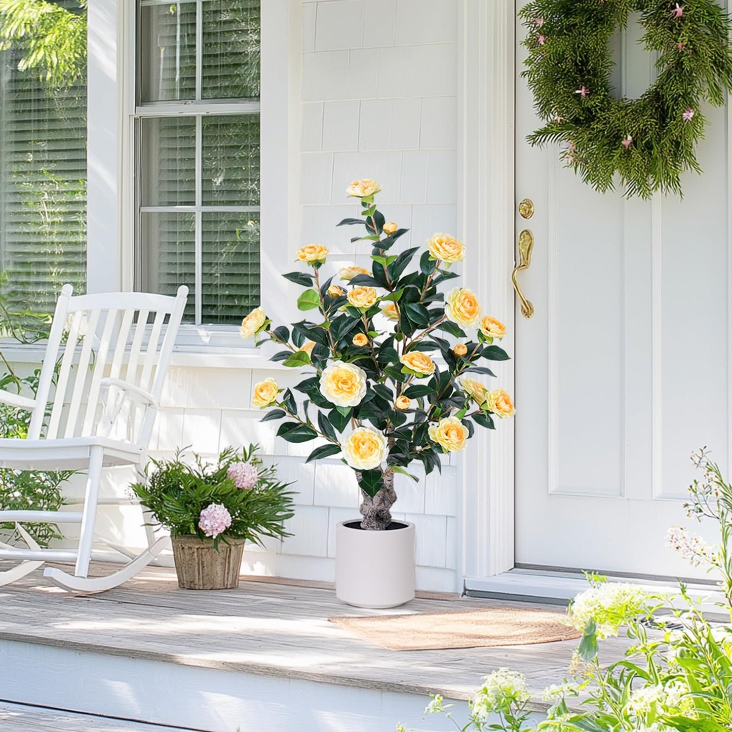 Yepdin 63 inch Artificial Camellia Tree with White Flower Pots - White Fake Tree,5 Ft Faux Plants Indoor wich Blooming,Artificial Plants for Indoor & Outdoor Home Front Door Decor