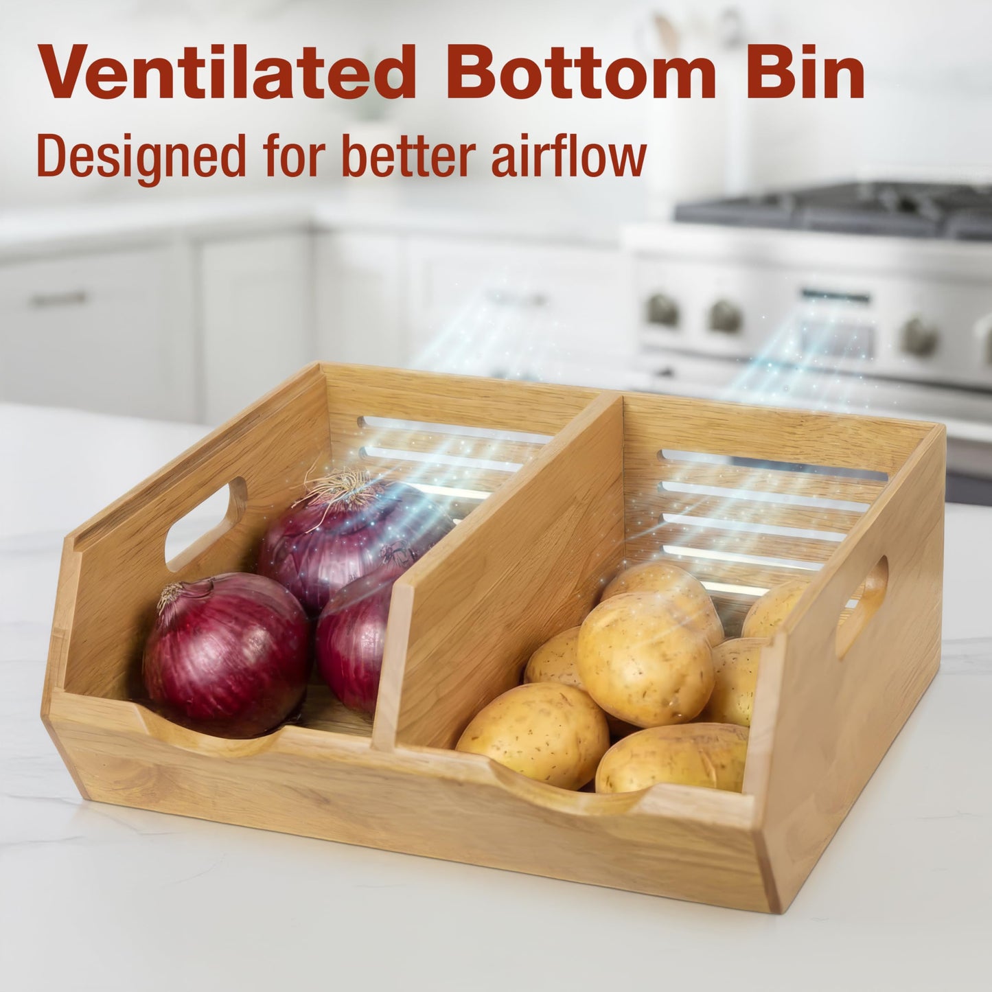 HOMESTEAD Stackable Solid Wood Storage Bins for Kitchen Pantry & Countertop, Ventilated Potato and Onion Basket Organizer with Handles, Wooden Produce Storage Containers, 3-Pack, Chestnut Finish