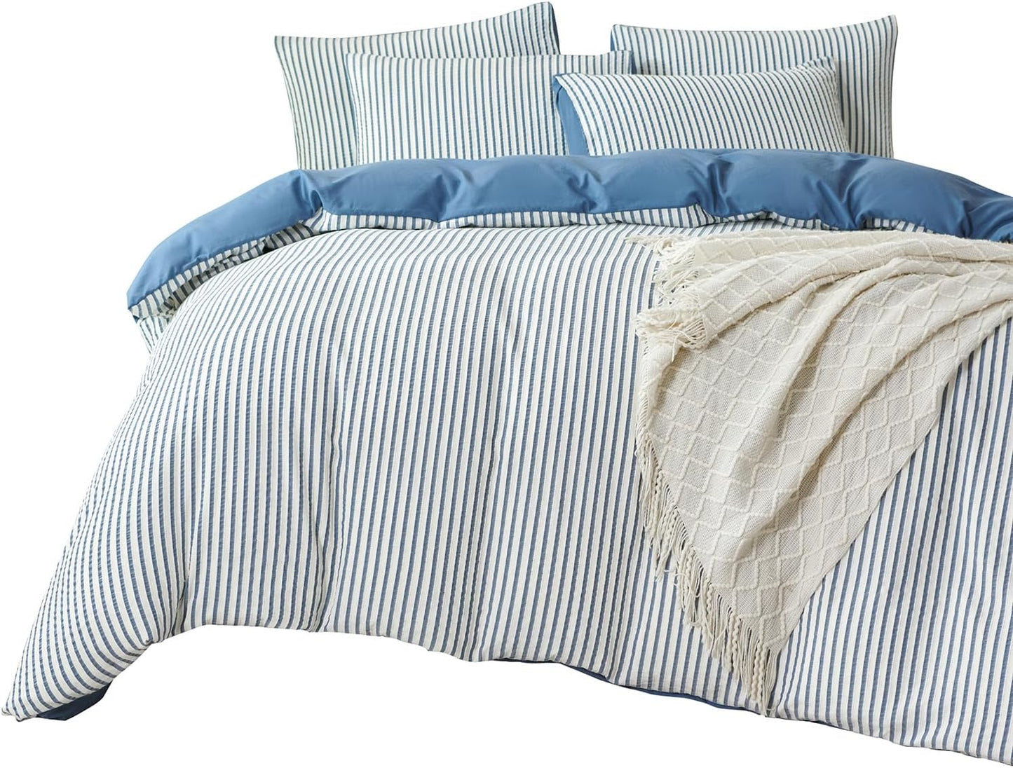 Striped Duvet Cover Queen Beige Washed Microfiber Jacquard 3 Pieces Bedding Set, White Beige Vertical Ticking Stripes Pattern Comforter Cover with Zipper Closure Breathable Durable Soft Comfy