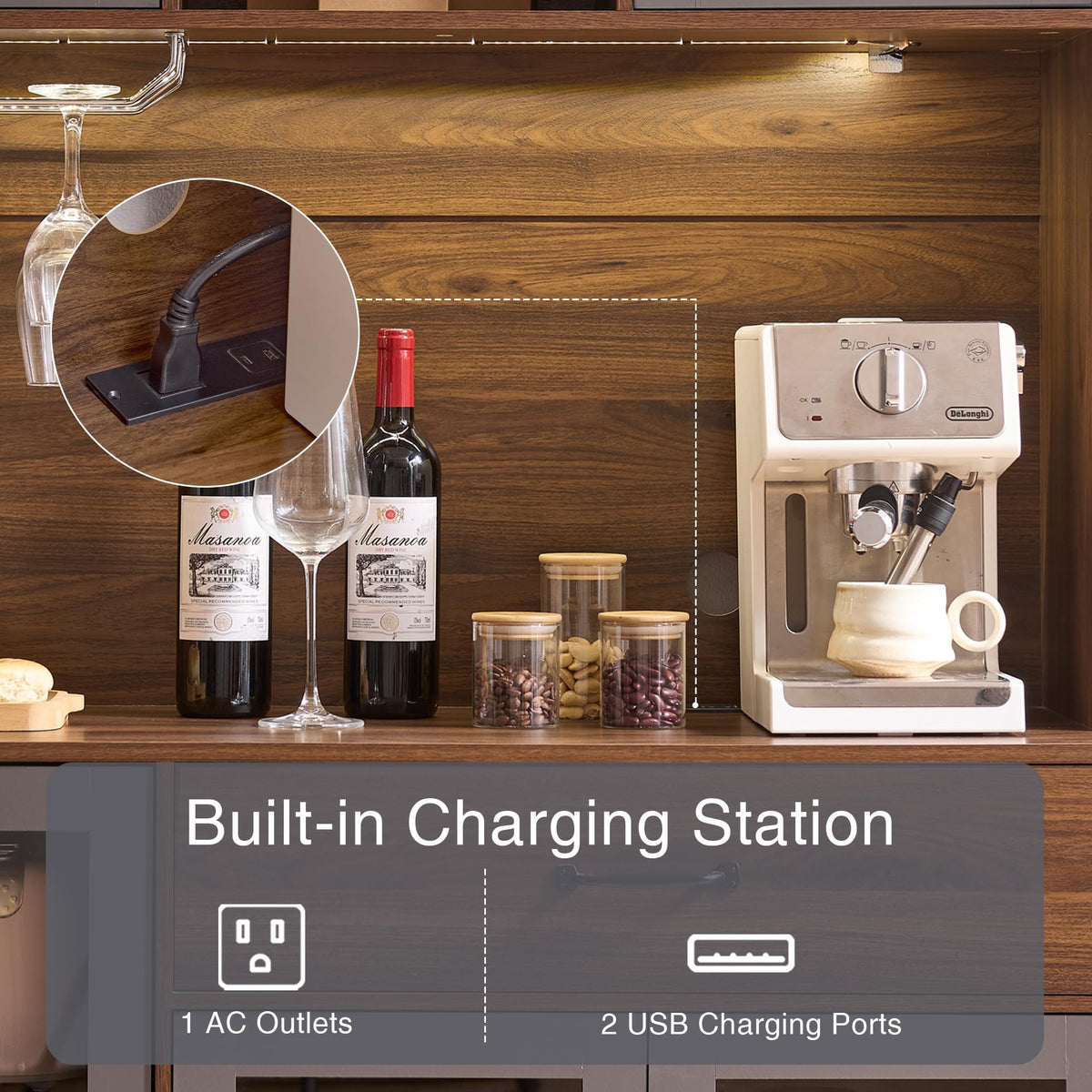 71" Cabinet with Wine Rack and Charging Station, Set of 2