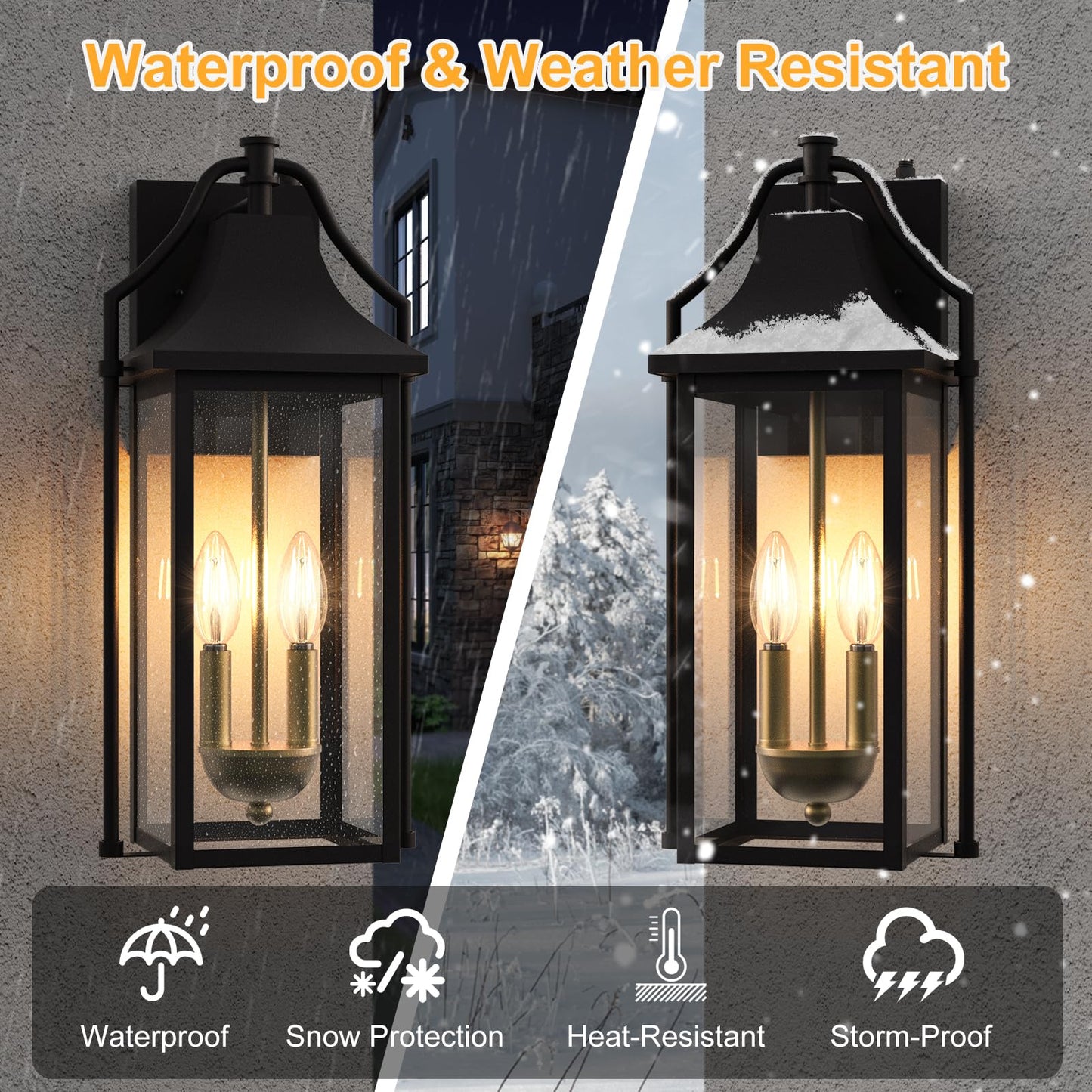 Outdoor Wall Lights Fixtures, Large Size Dusk to Dawn Waterproof Exterior Lanterns, Modern Porch Sconce Wall Mounted with Glass