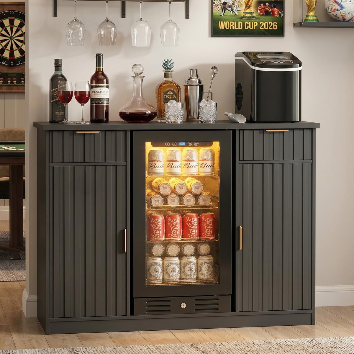 Mini Fridge Cabinet with Hutch and Wine Glass Rack
