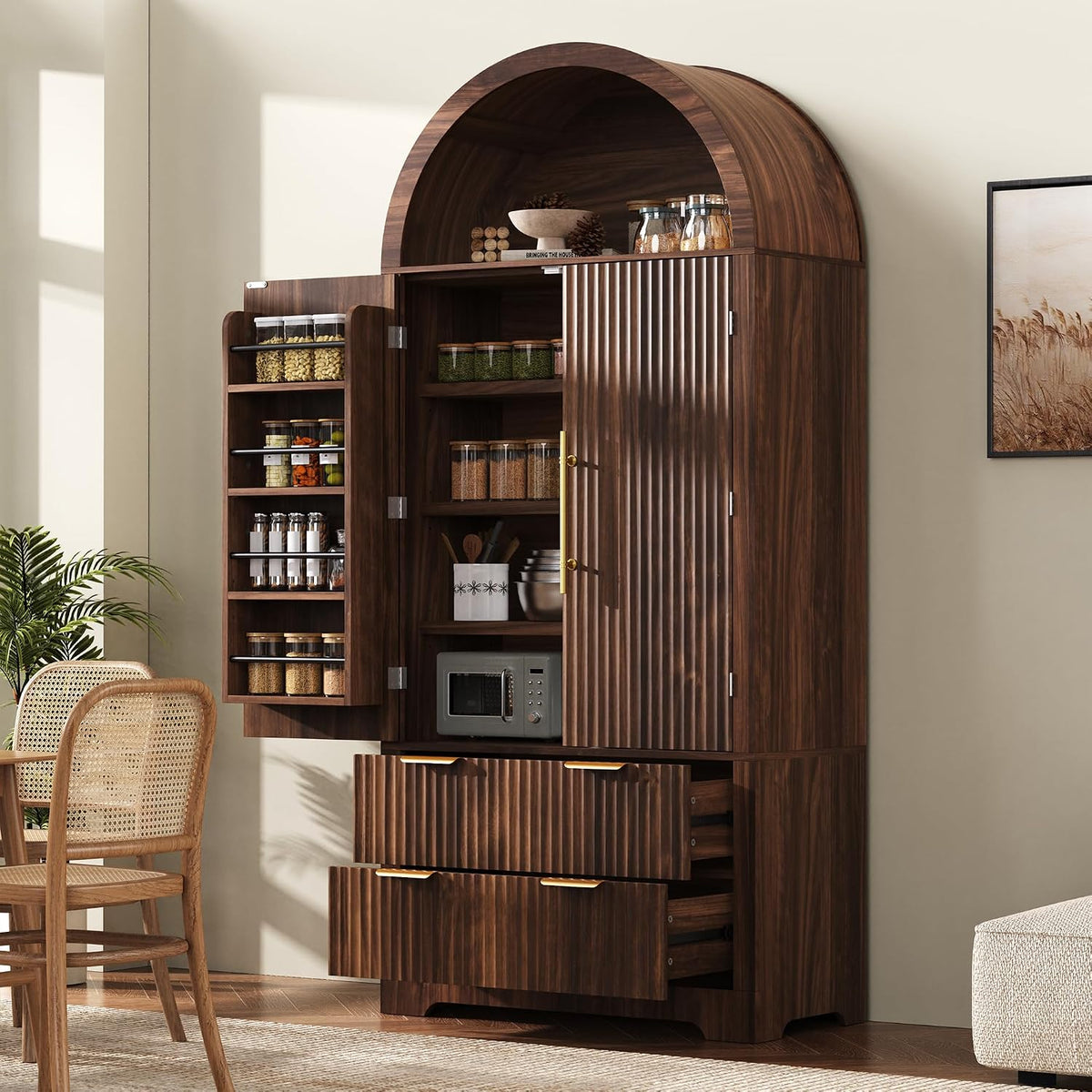 72" Tall Arched Kitchen Pantry Cabinet with 2 Drawers