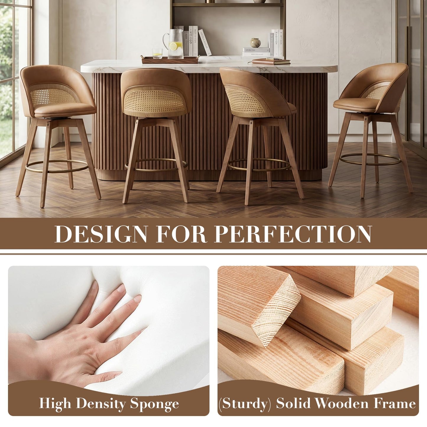 EALSON Bar Stools Set of 4, 26" Swivel Barstools with Rattan Backrest, Modern Faux Leather Upholstered Counter Height Bar Stools with Wood Legs & Bronze Footrest for Kitchen Island/Living Room, Brown
