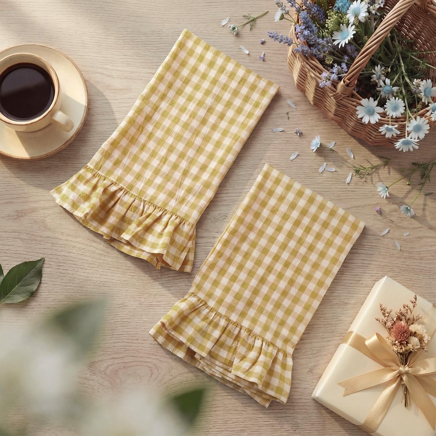 HunnmingRe Taupe Kitchen Towels Set of 2, 100% Cotton Ruffled Gingham Dish Towels 18"x28" Tea Cloths Classic Plaid Pattern for Farmhouse Charm, Drying Dishes, Entertaining Guests