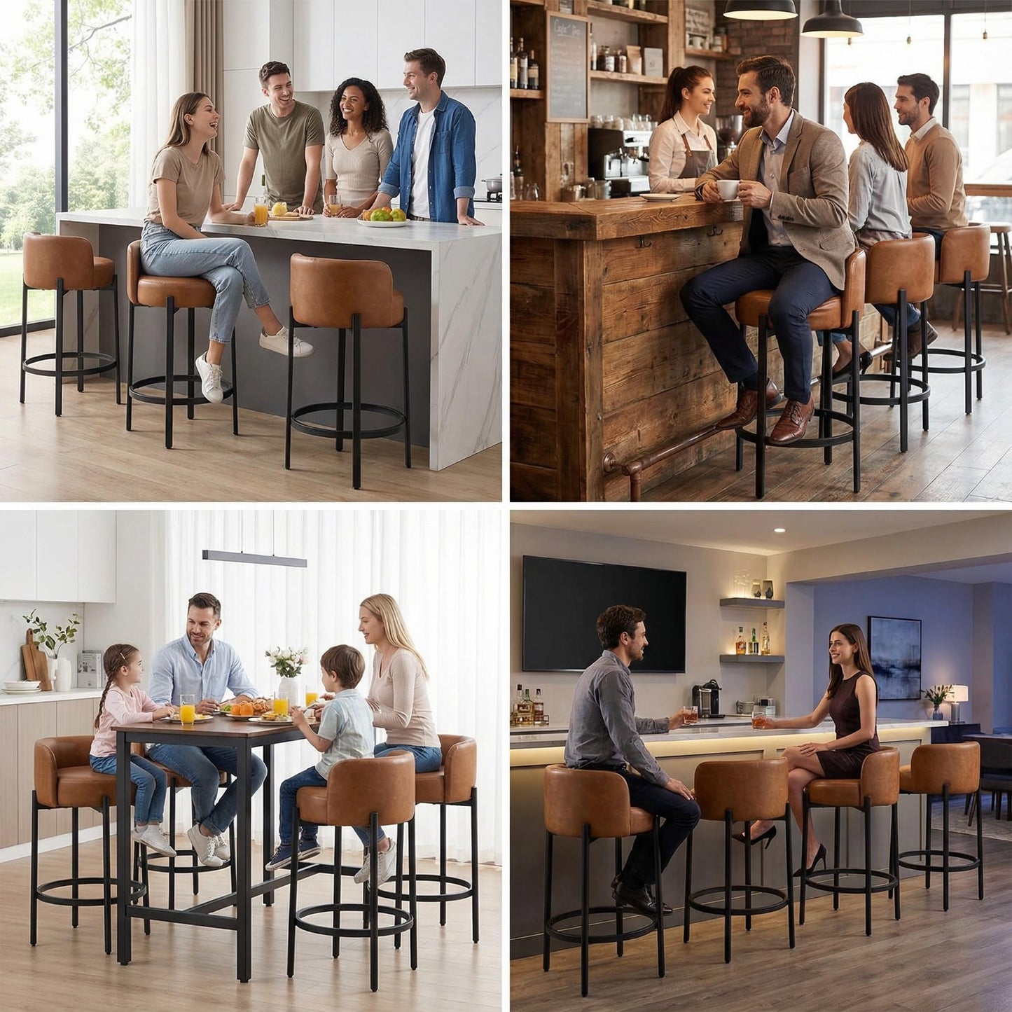 LukeAlon Mid Century Linen Counter Stools Set of 3, Upholstered 26.5" Seat Height Low Barstools with Natural Wood Legs Round Low Back Kitchen Stools with Footrest for Dining Room, Beige