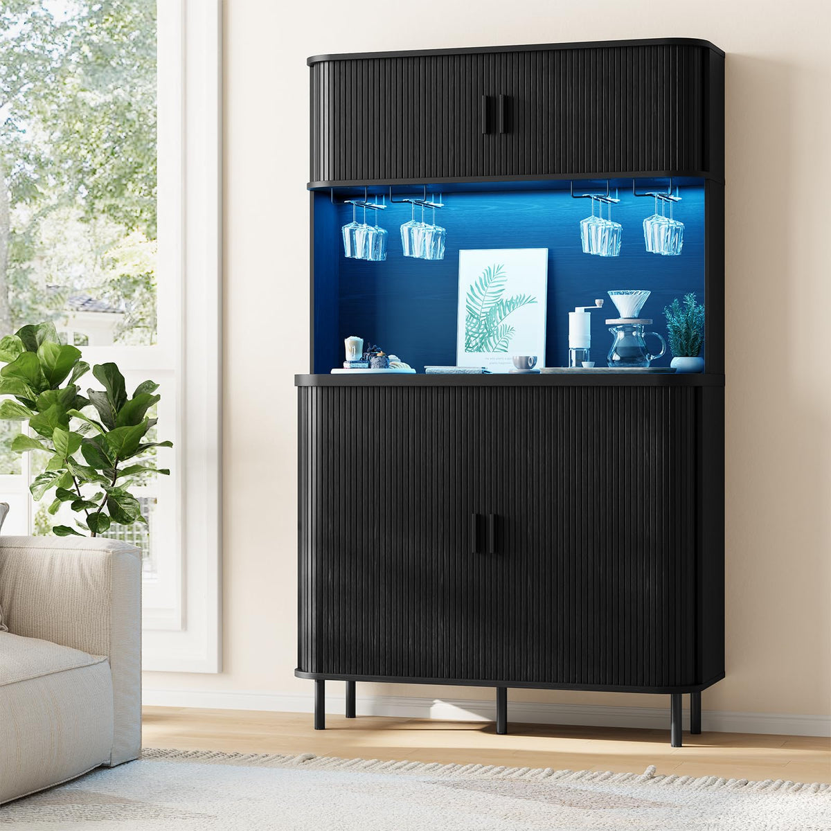 71" Tall Fluted Wine Bar Cabinet with Storage