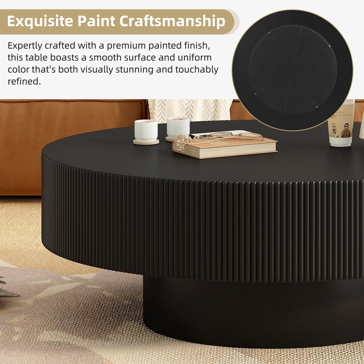 WILLIAMSPACE 43.31" Rectangle Coffee Table with Burl Wood Veneer & Sturdy Base, Modern Luxury Wood Drum Center Table End Table Accent Side Table for Living Room, Minimalist Fluted Design, Oak