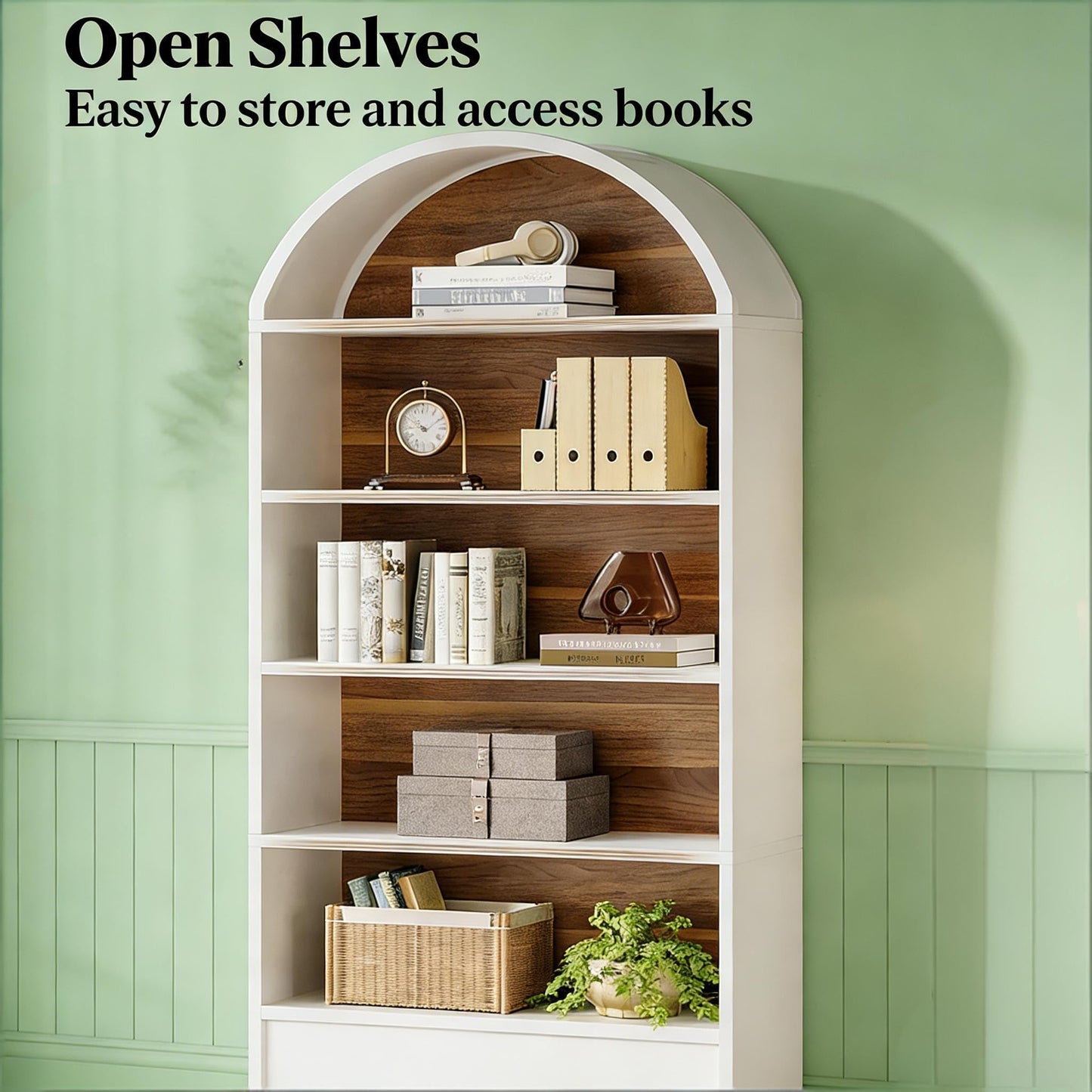 Arched 8 Tier Tall Bookshelf with Wood Back Panel