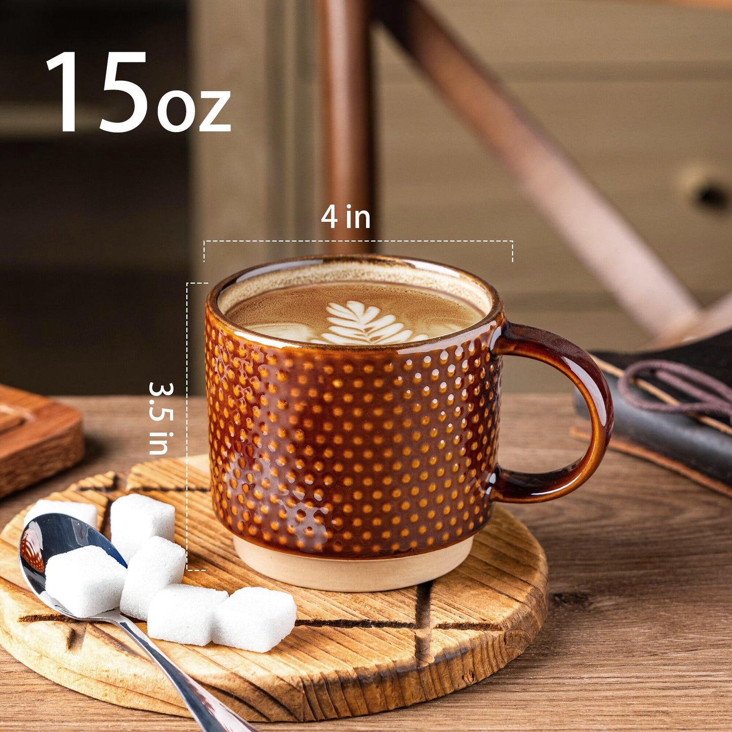 GBhome 12OZ Stackable Coffee Mugs, Ceramic Coffee Mugs with Texture Patterns for Man,Woman,Dad,Mom, Modern Coffee Mugs Set of 4 for Latte/Cappuccino/Cocoa. Dishwasher&Microwave Safe, Pale Khaki