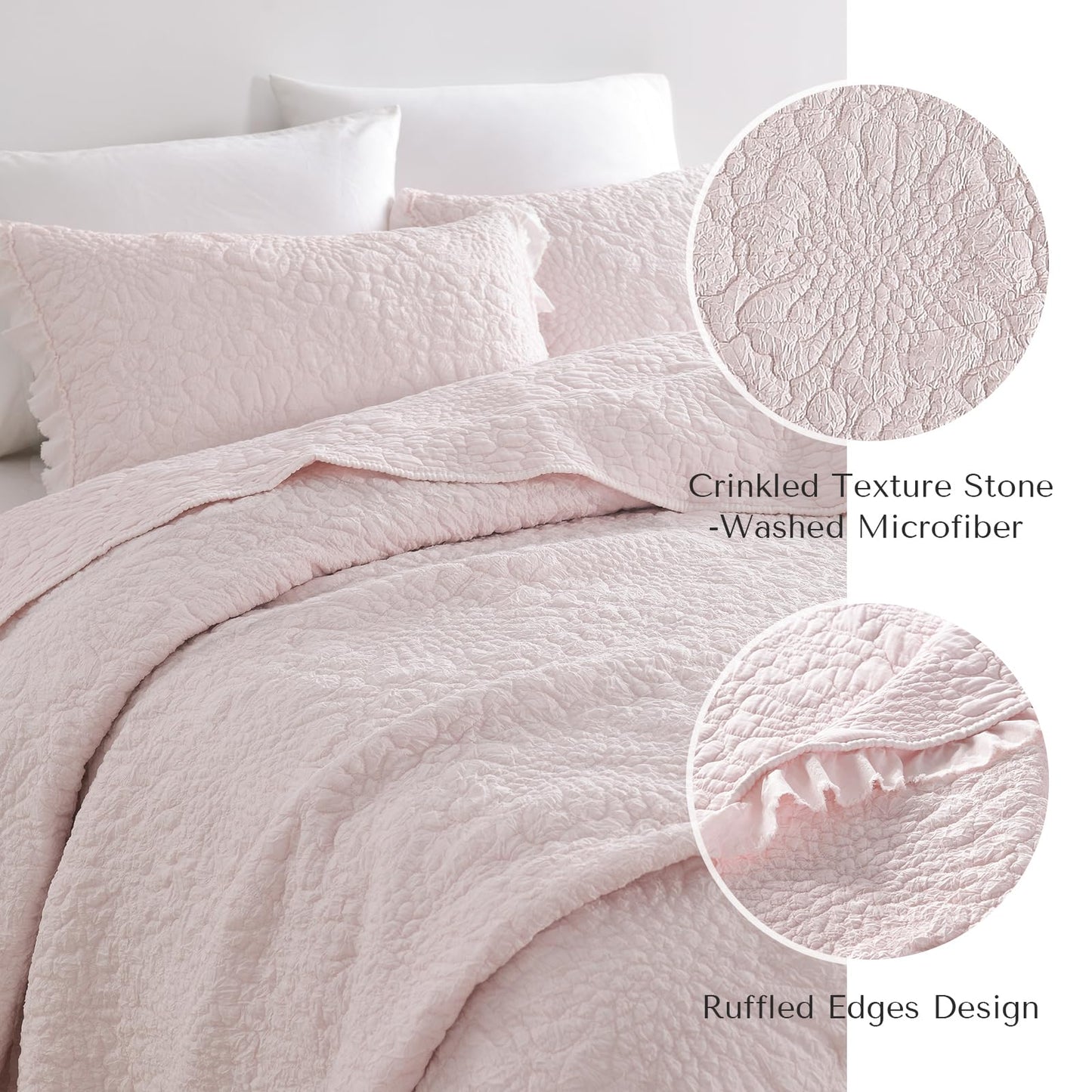 Ruffled Quilt Stone-Washed Lightweight Crinkled Shabby Chic Bedding Set