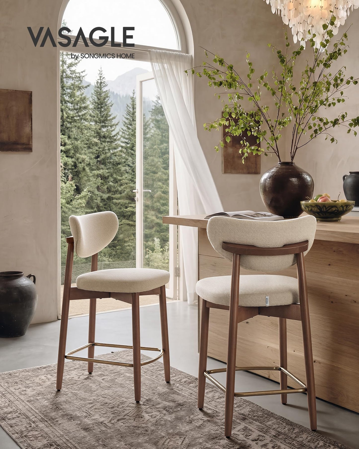 VASAGLE Wooden Bar Stools Set of 2, Upholstered Counter Height Barstools with Solid Wood Legs, Ergonomic Backrest, Mid Century Modern, for Kitchen Island, Linen-Look Fabric, Cappuccino Beige