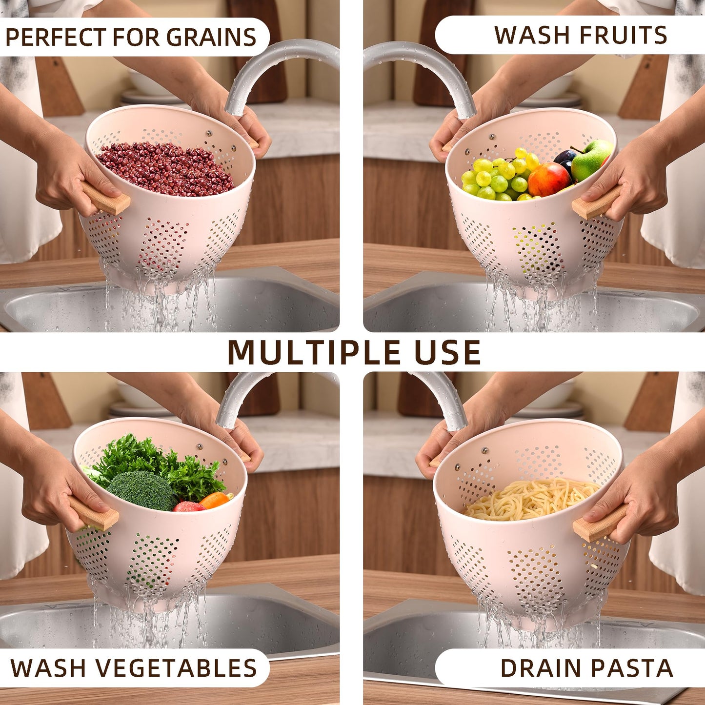 Metal Colander with Wood Handle and Stable Base, Powder Coated Steel Kitchen Strainer Basket for Draining Pasta, Vegetable and fruit(7quart,Sandyellow)