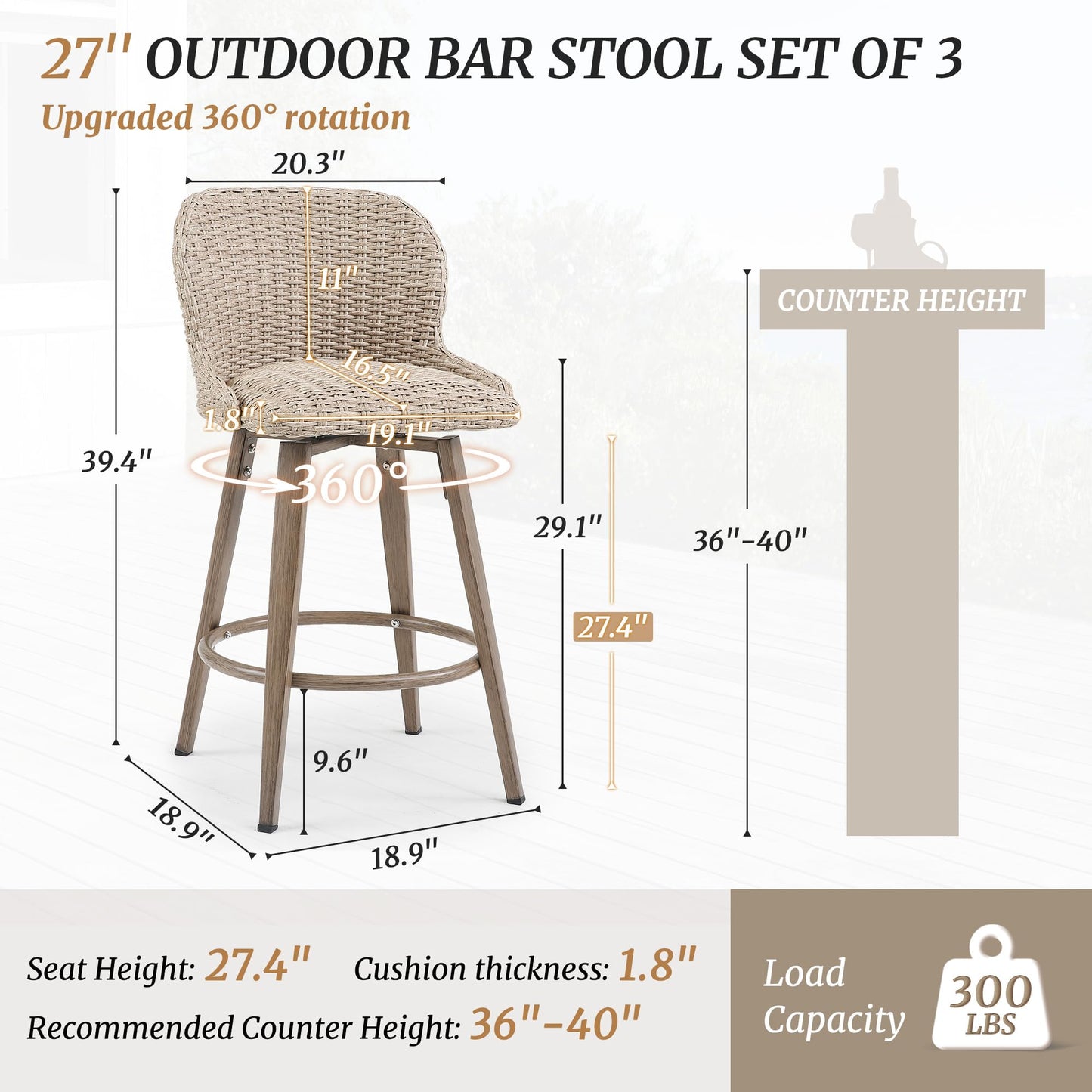 Swivel Outdoor Bar Stools Set of 3, 27" Counter Wicker Patio Chair