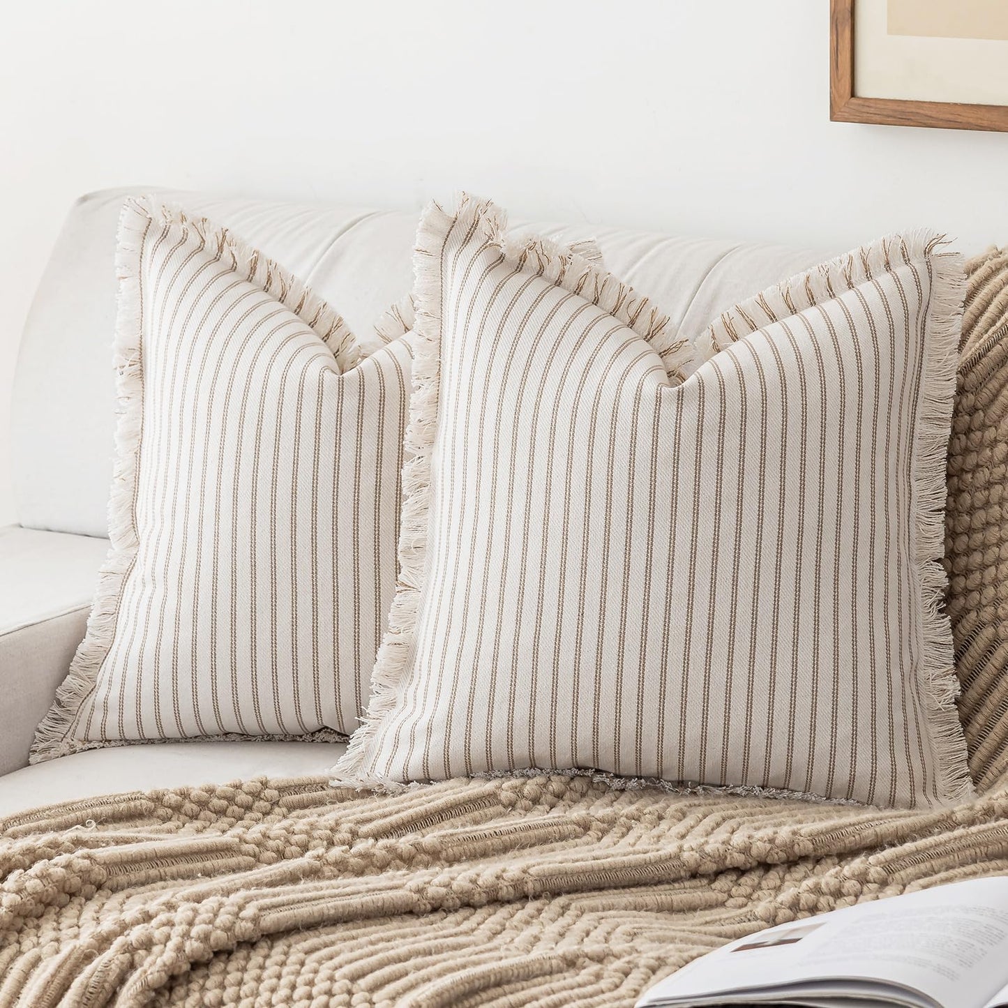 Throw Pillow Covers 18x18 Set of 2 Striped Fringe