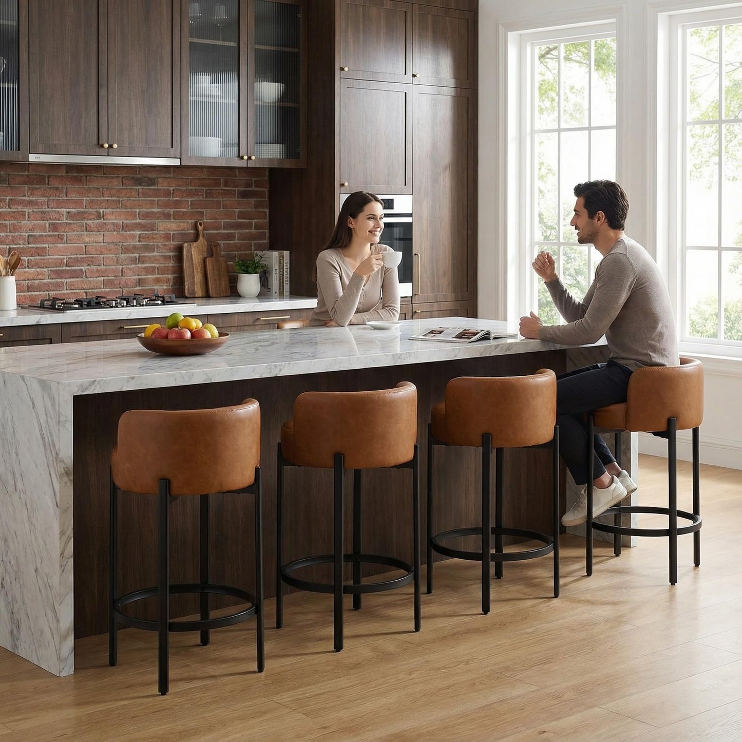 LukeAlon Mid Century Linen Counter Stools Set of 3, Upholstered 26.5" Seat Height Low Barstools with Natural Wood Legs Round Low Back Kitchen Stools with Footrest for Dining Room, Beige