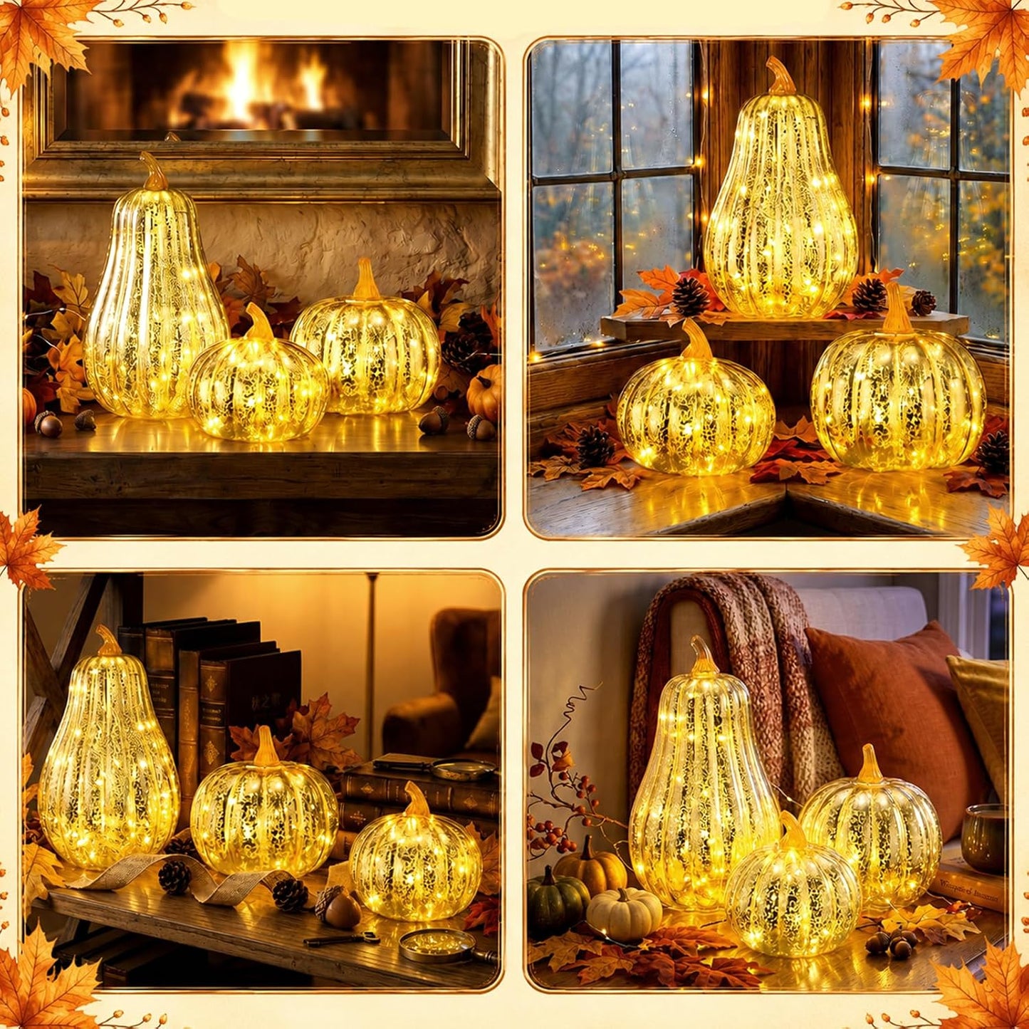 3 Pack Fall Glass Pumpkin with Light