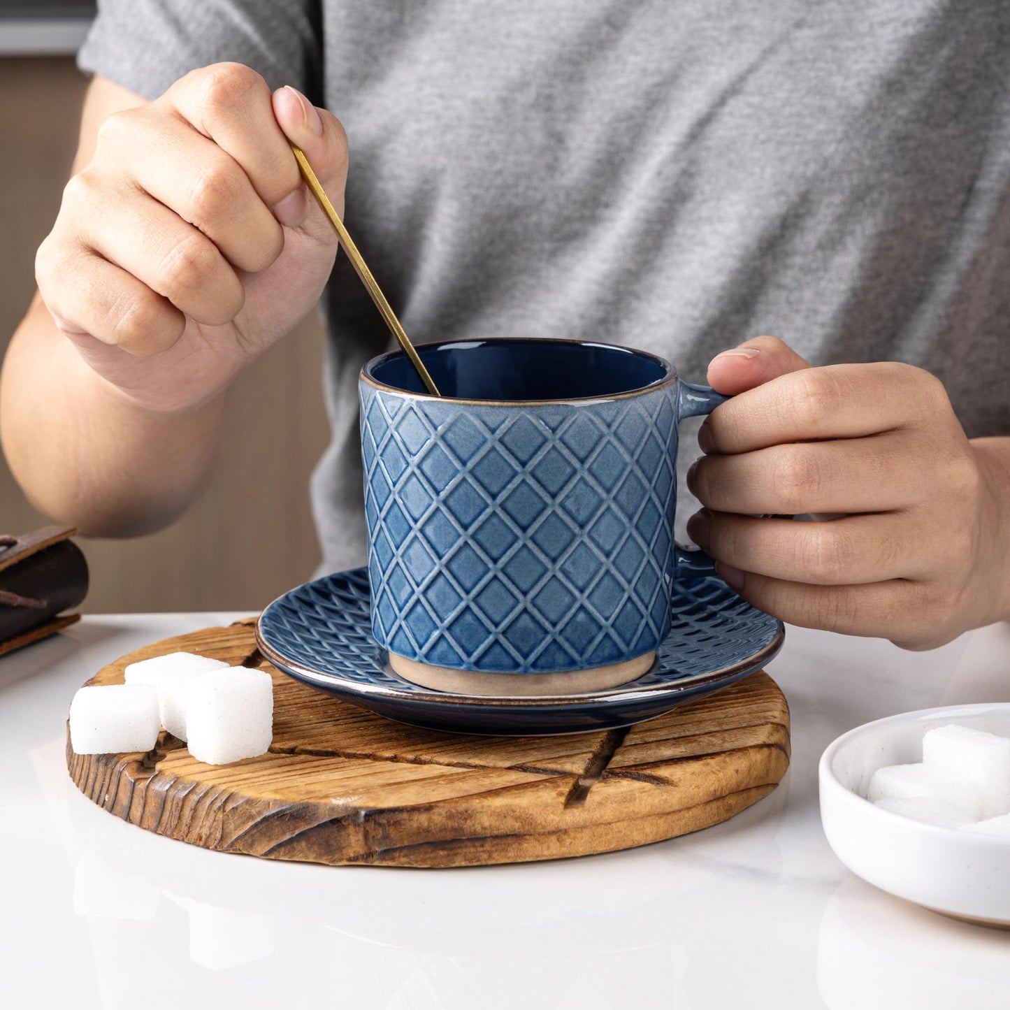 GBhome 12OZ Stackable Coffee Mugs, Ceramic Coffee Mugs with Texture Patterns for Man,Woman,Dad,Mom, Modern Coffee Mugs Set of 4 for Latte/Cappuccino/Cocoa. Dishwasher&Microwave Safe, Pale Khaki