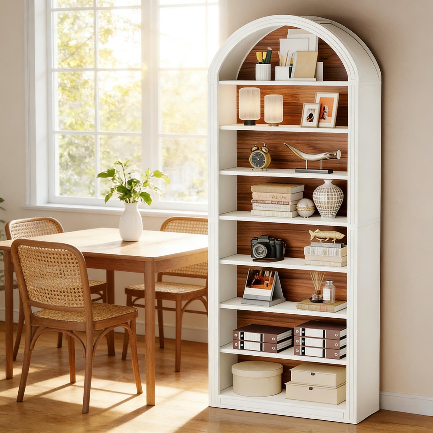 Arched 8 Tier Tall Bookshelf with Wood Back Panel