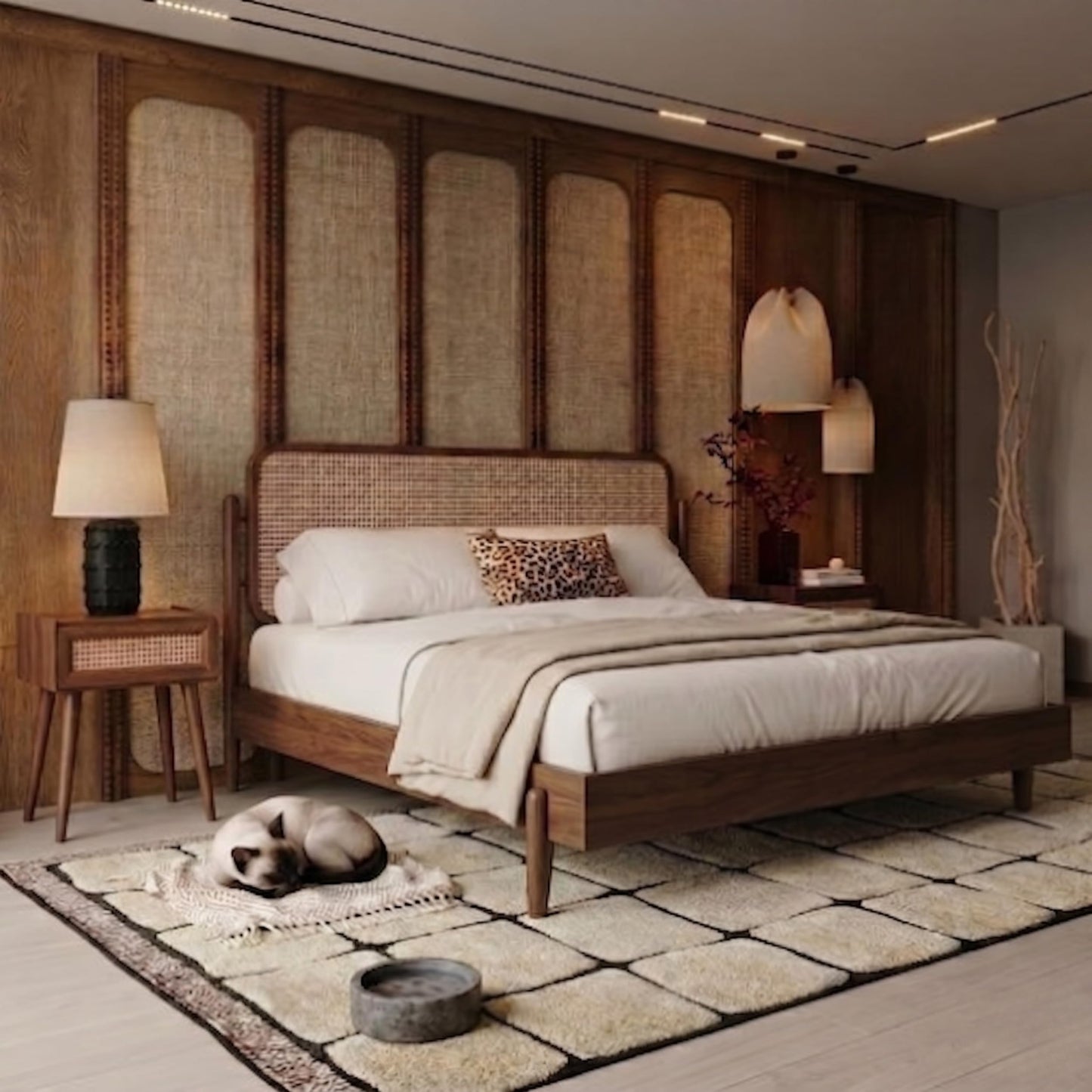 King Platform Bed with Natural Rattan Headboard